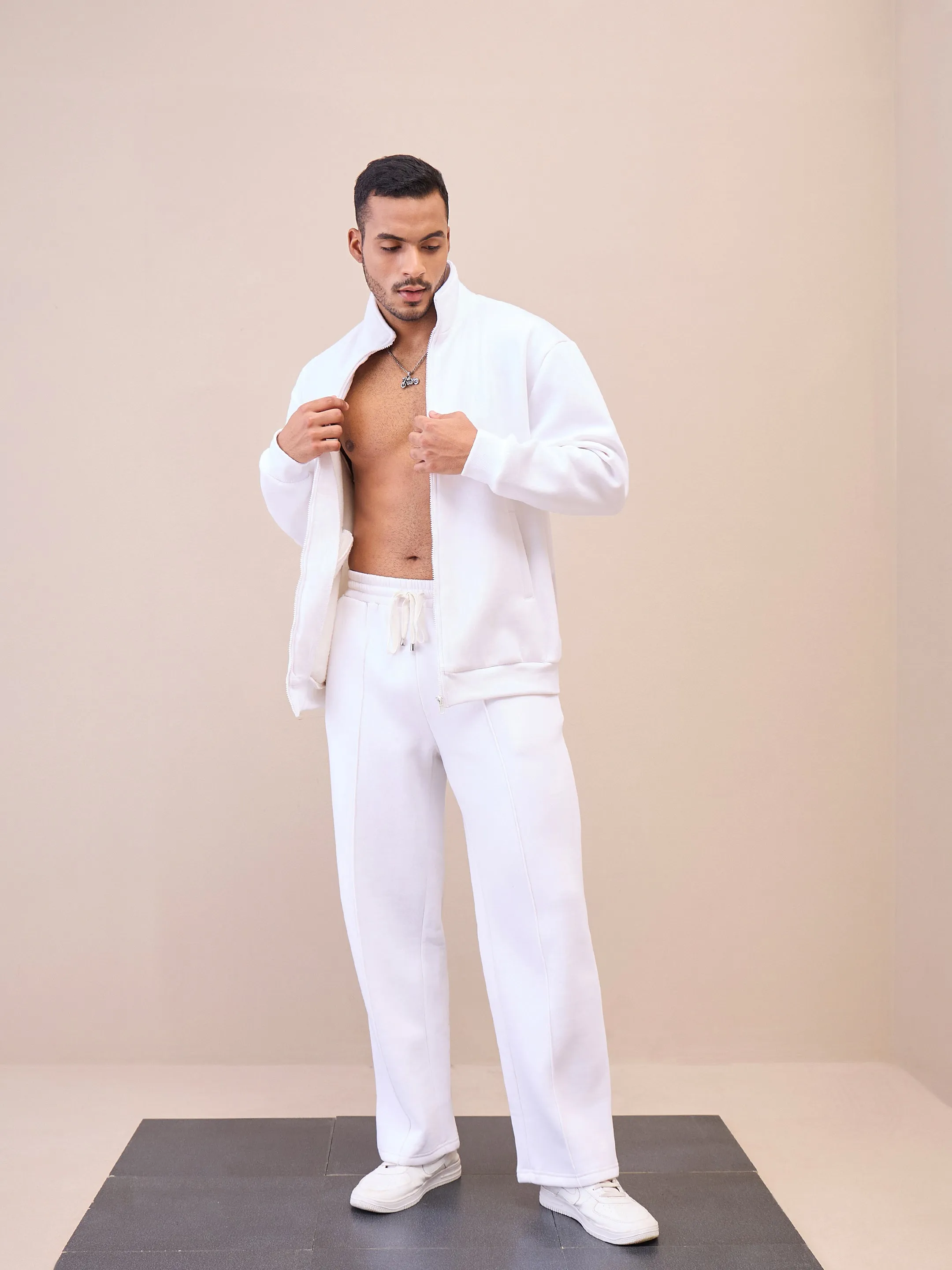 Men White Pintuck Oversize Sweatpants