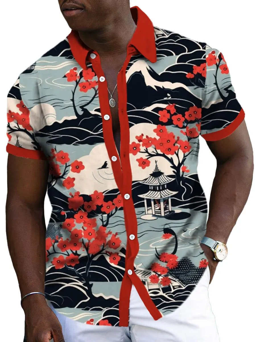 Men's Japanese Ukiyoe Landscape Print Sleeveless Casual Shirt