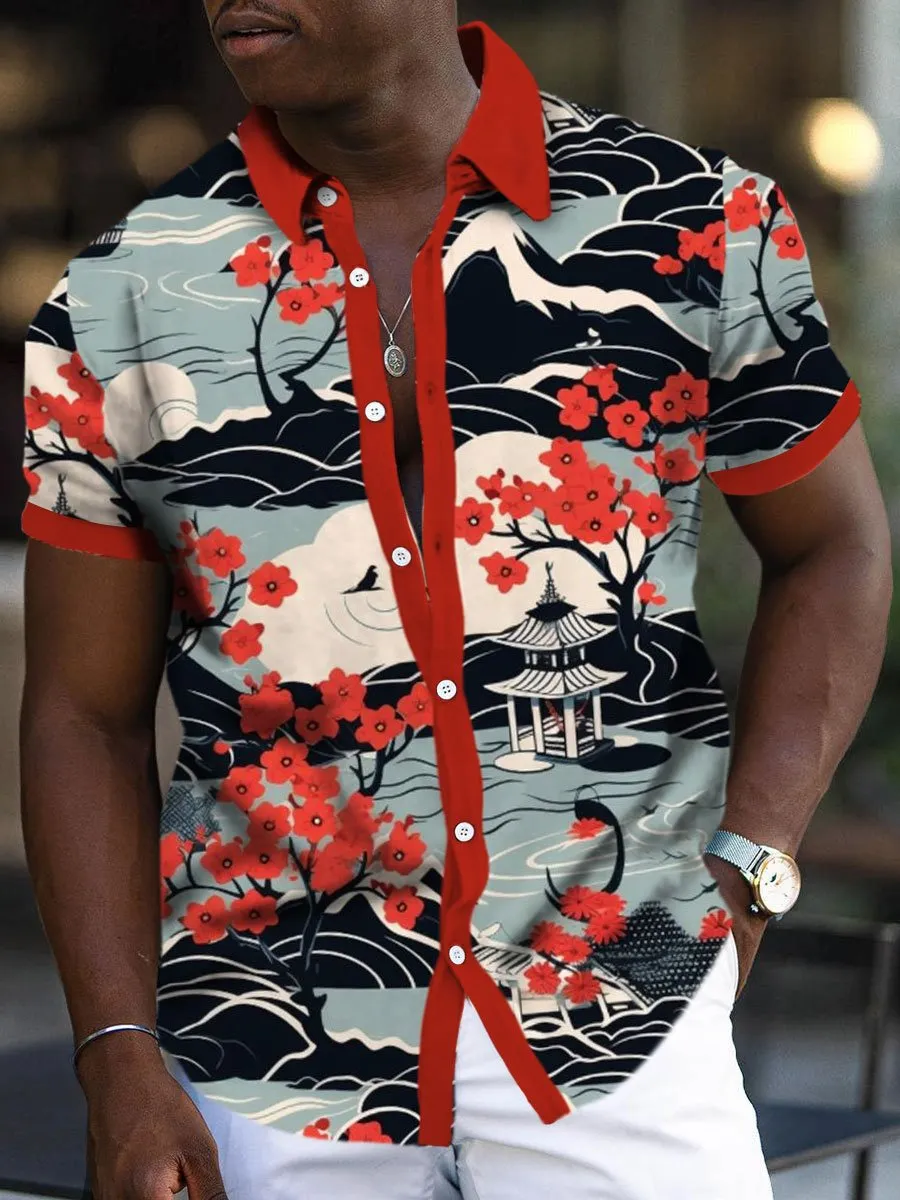 Men's Japanese Ukiyoe Landscape Print Sleeveless Casual Shirt