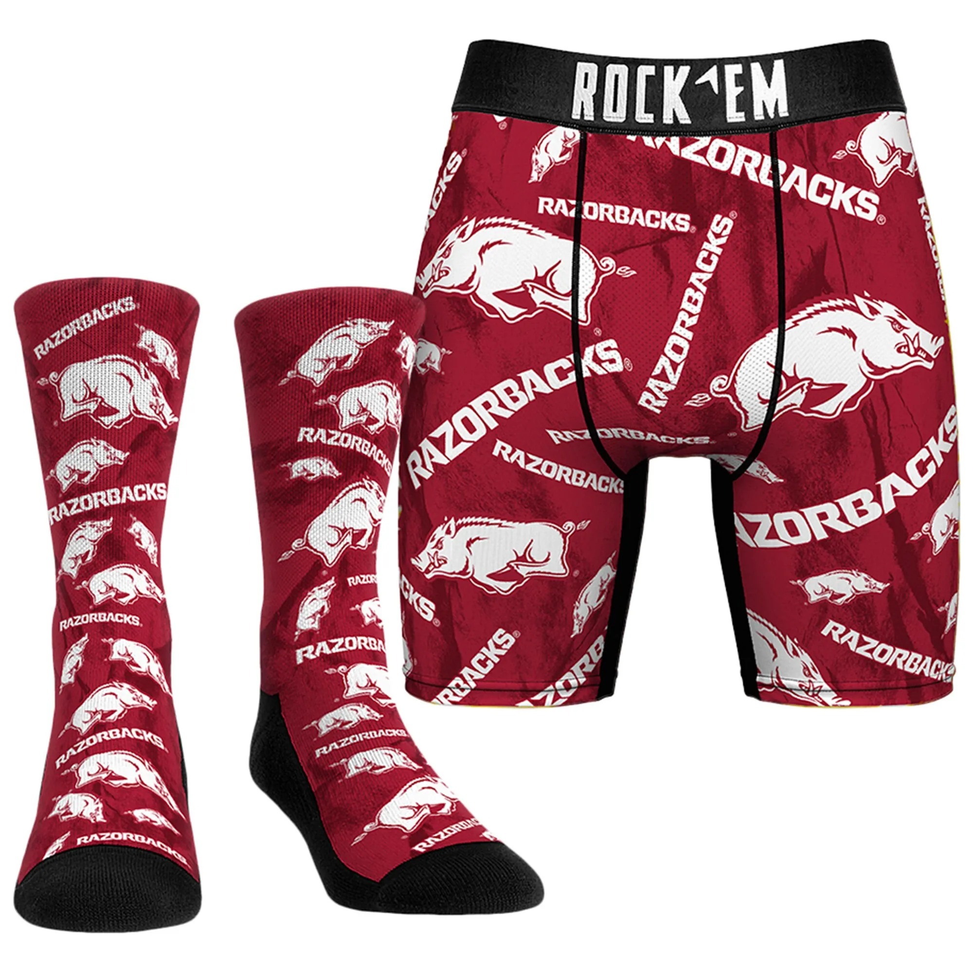 Men's Rock Em Socks  Arkansas Razorbacks All-Over Underwear and Crew Socks Combo Pack