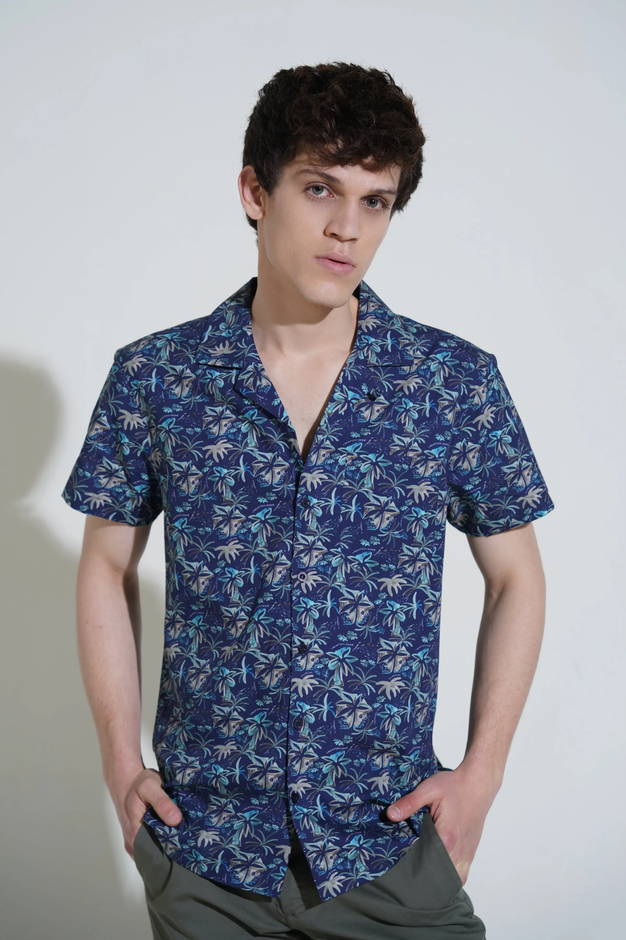 Navy Floral Themed Casual Shirt