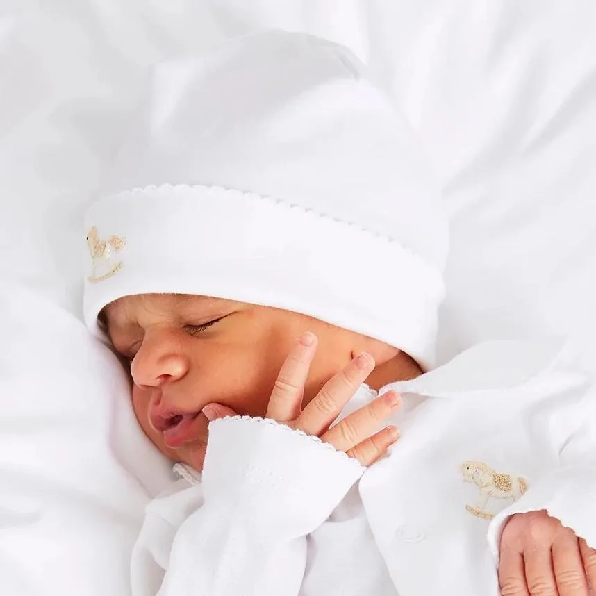 Newborn Bonnet with Rocking Horse Embroidery Beige (0-3mths)