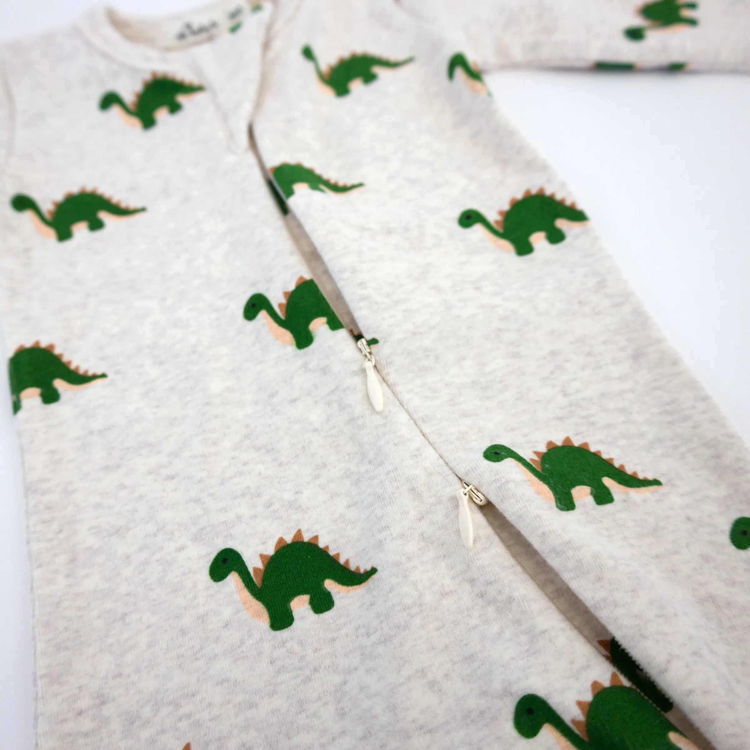 oh baby! Cotton Baby Rib Zipper Footie - Dinosaur Print - Malt