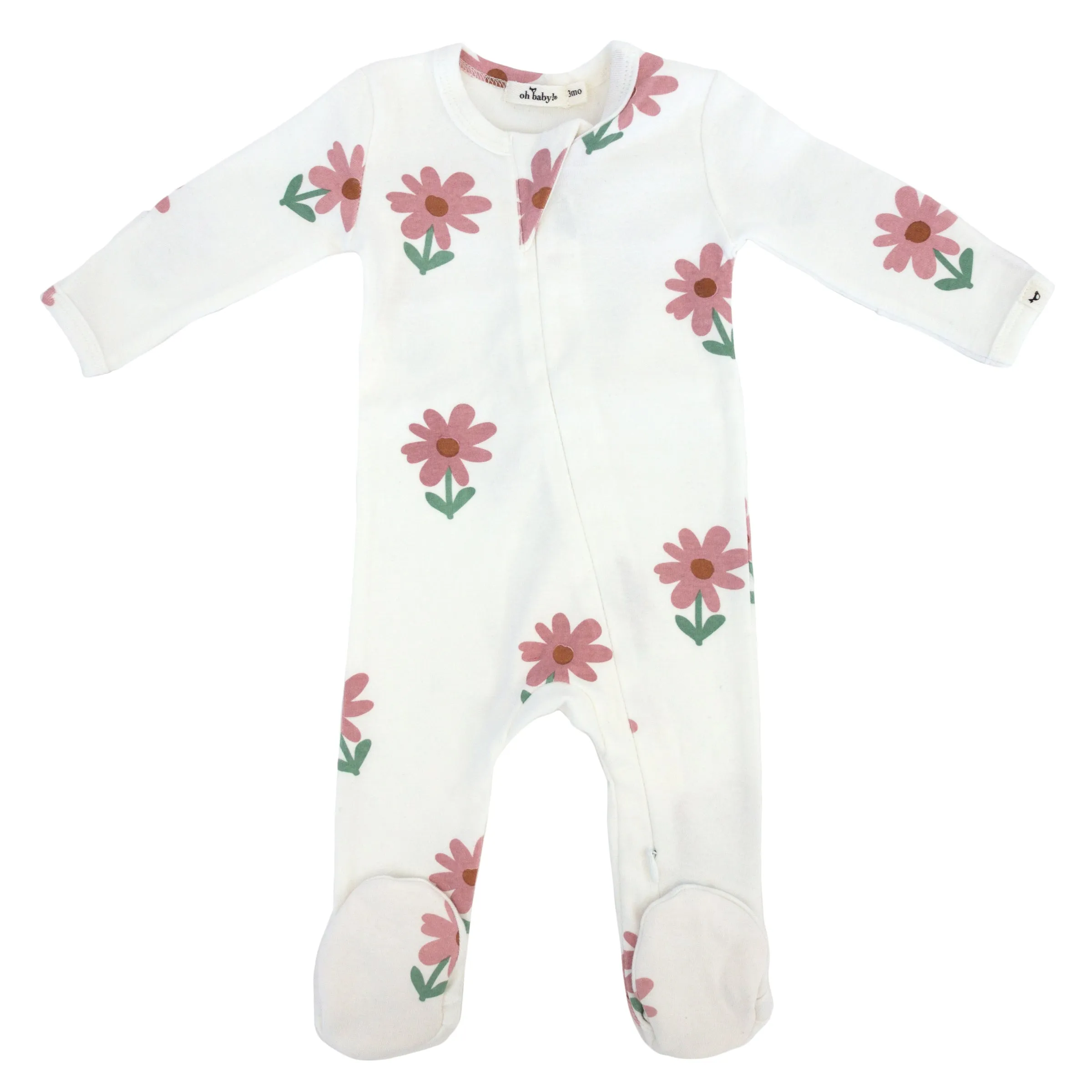 oh baby! Cotton Baby Rib Zipper Footie - Picking Daisies Print - Cream