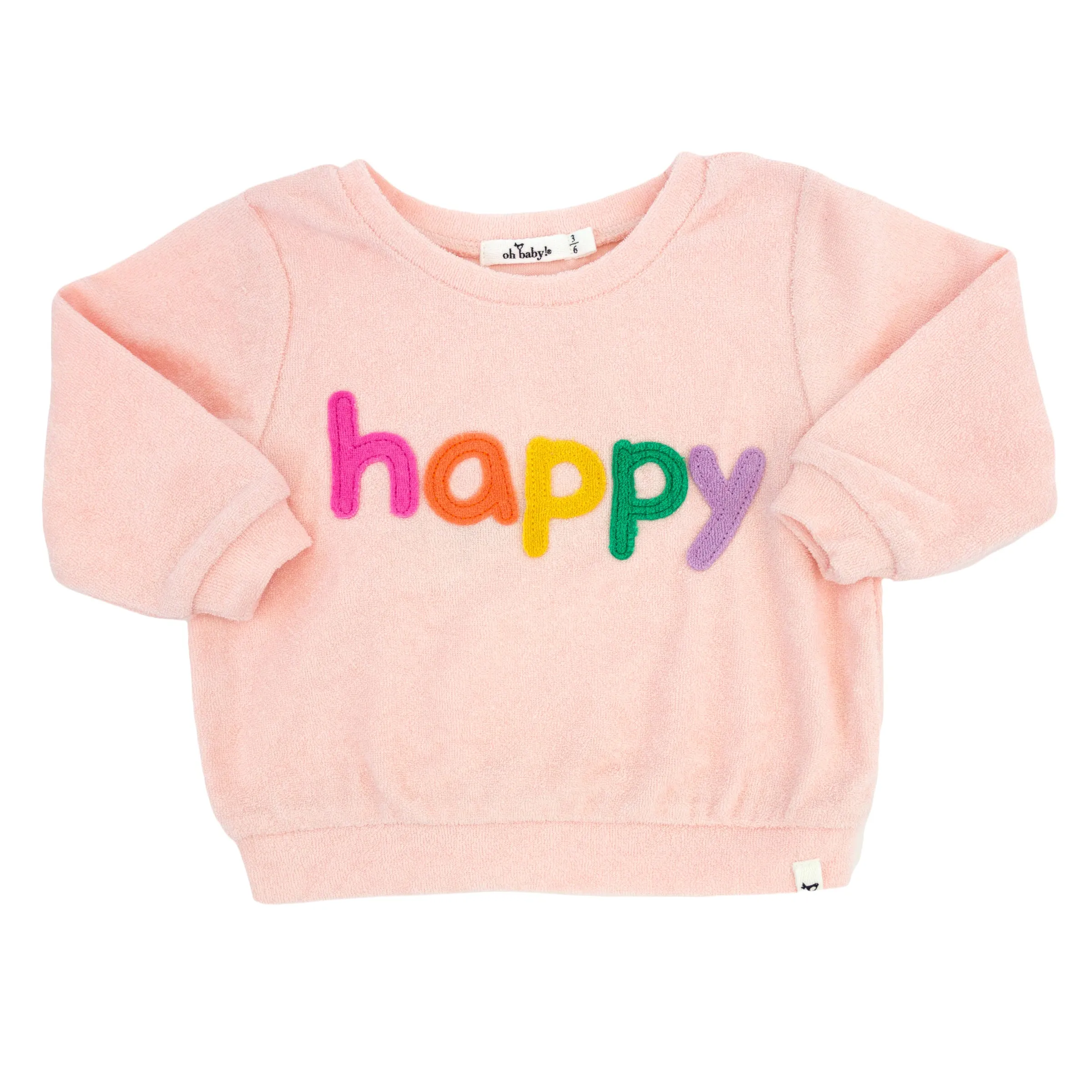 oh baby! Cotton Terry Boxy Sweatshirt - Rainbow happy Applique - Pale Pink