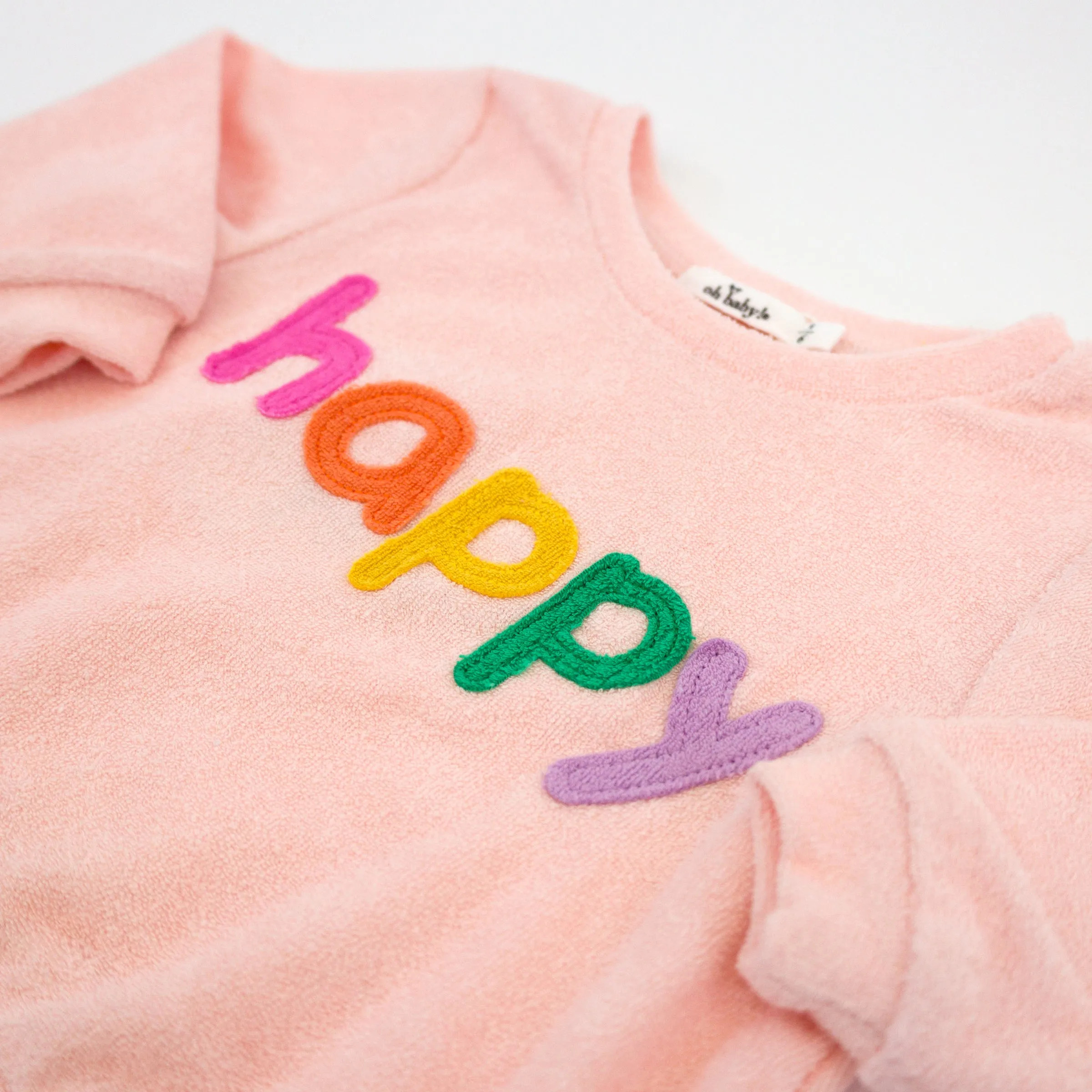 oh baby! Cotton Terry Boxy Sweatshirt - Rainbow happy Applique - Pale Pink