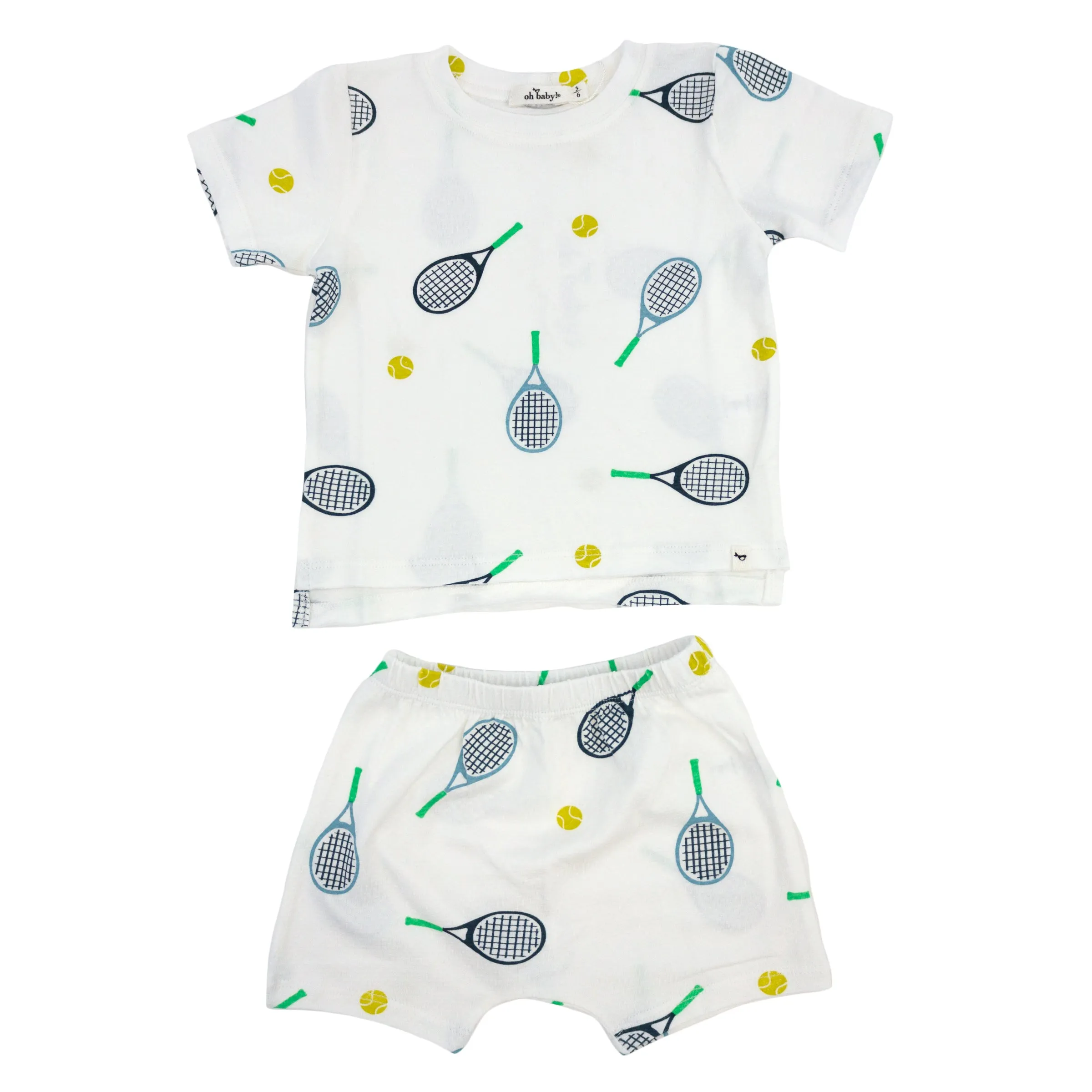 oh baby! Raw Edge Tee and Shorts Set - Tennis Print - Oyster