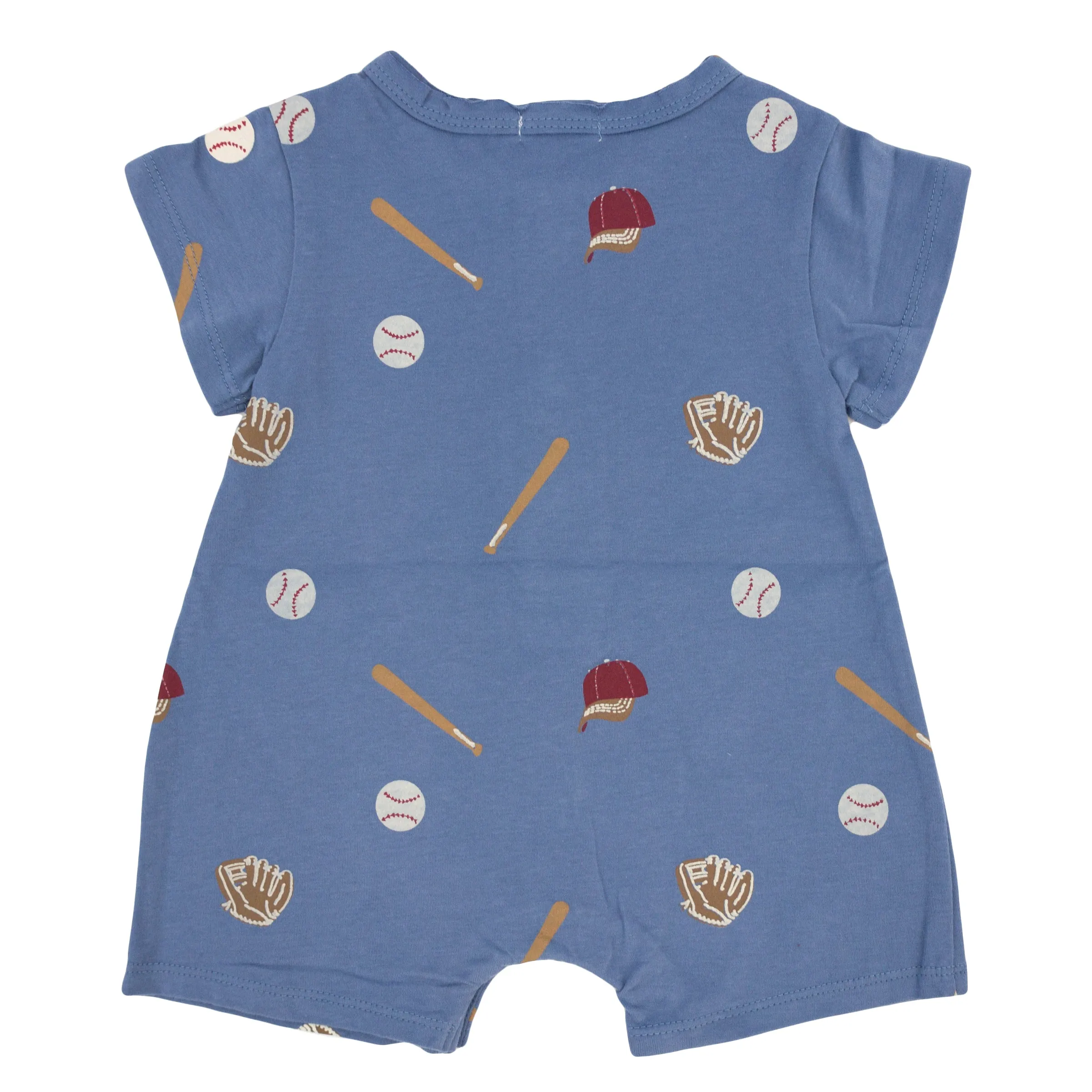 oh baby! Short Sleeve Button Neck Romper - Baseball Print - Denim