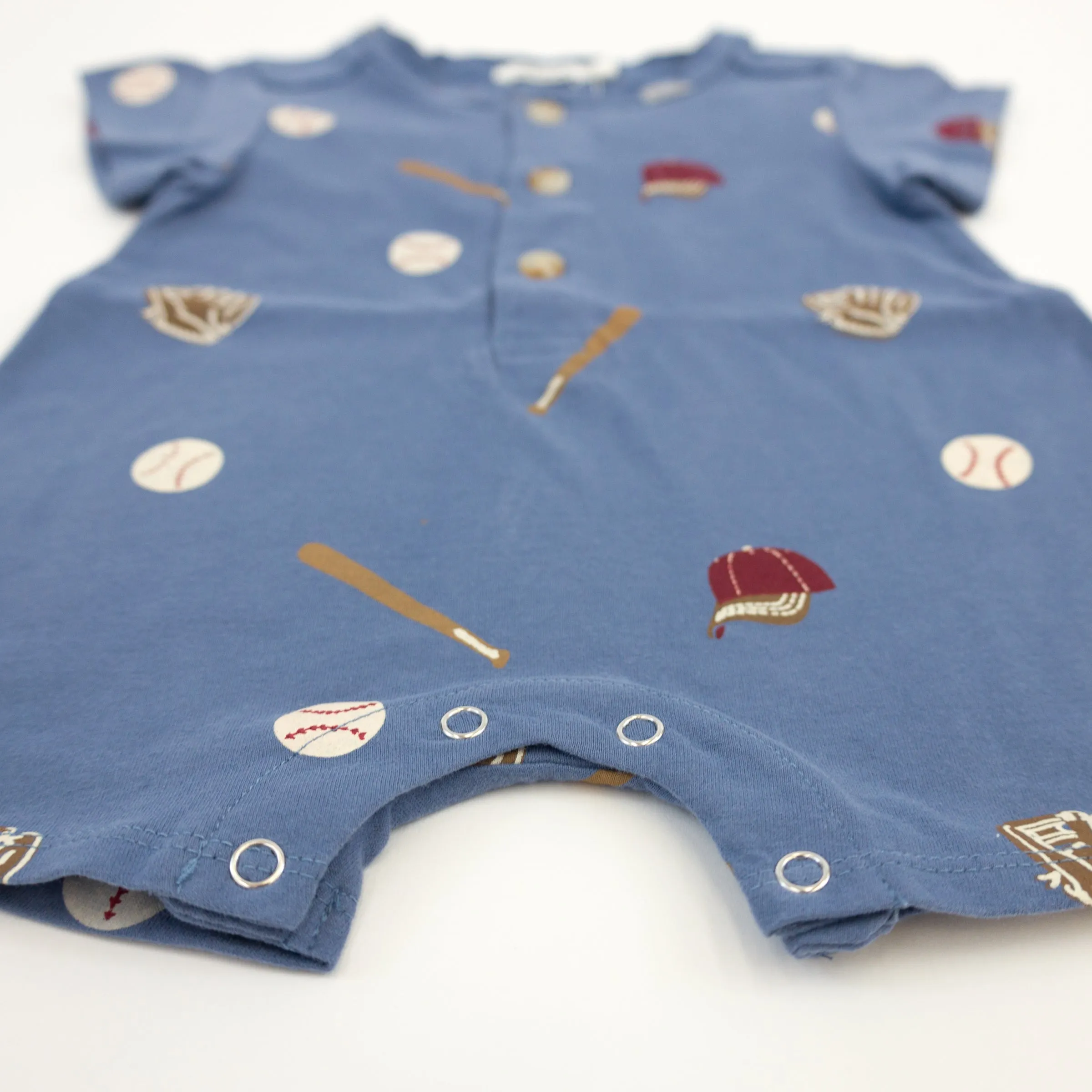 oh baby! Short Sleeve Button Neck Romper - Baseball Print - Denim