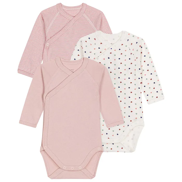 Petit Bateau Baby Set Of Three Bodysuits With Heart Print Pink