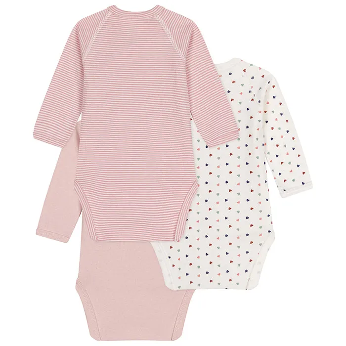 Petit Bateau Baby Set Of Three Bodysuits With Heart Print Pink