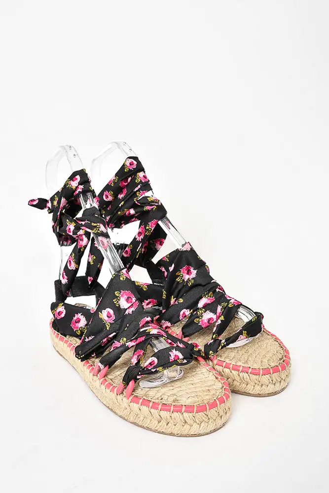 Prada Black/Pink Floral Satin Tie Up Espadrille Sandals sz 37.5