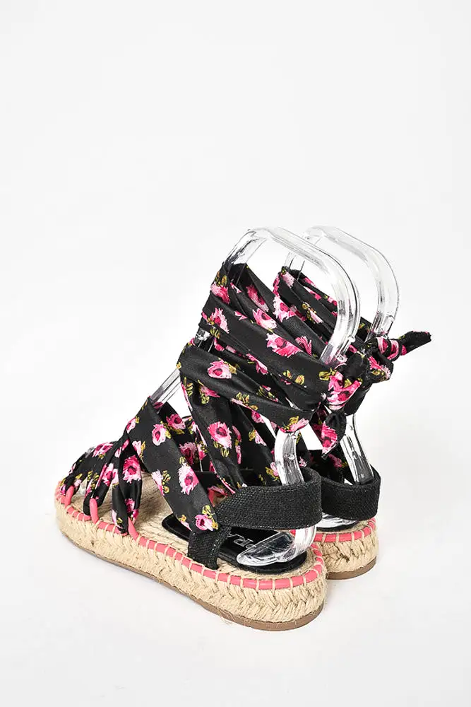 Prada Black/Pink Floral Satin Tie Up Espadrille Sandals sz 37.5