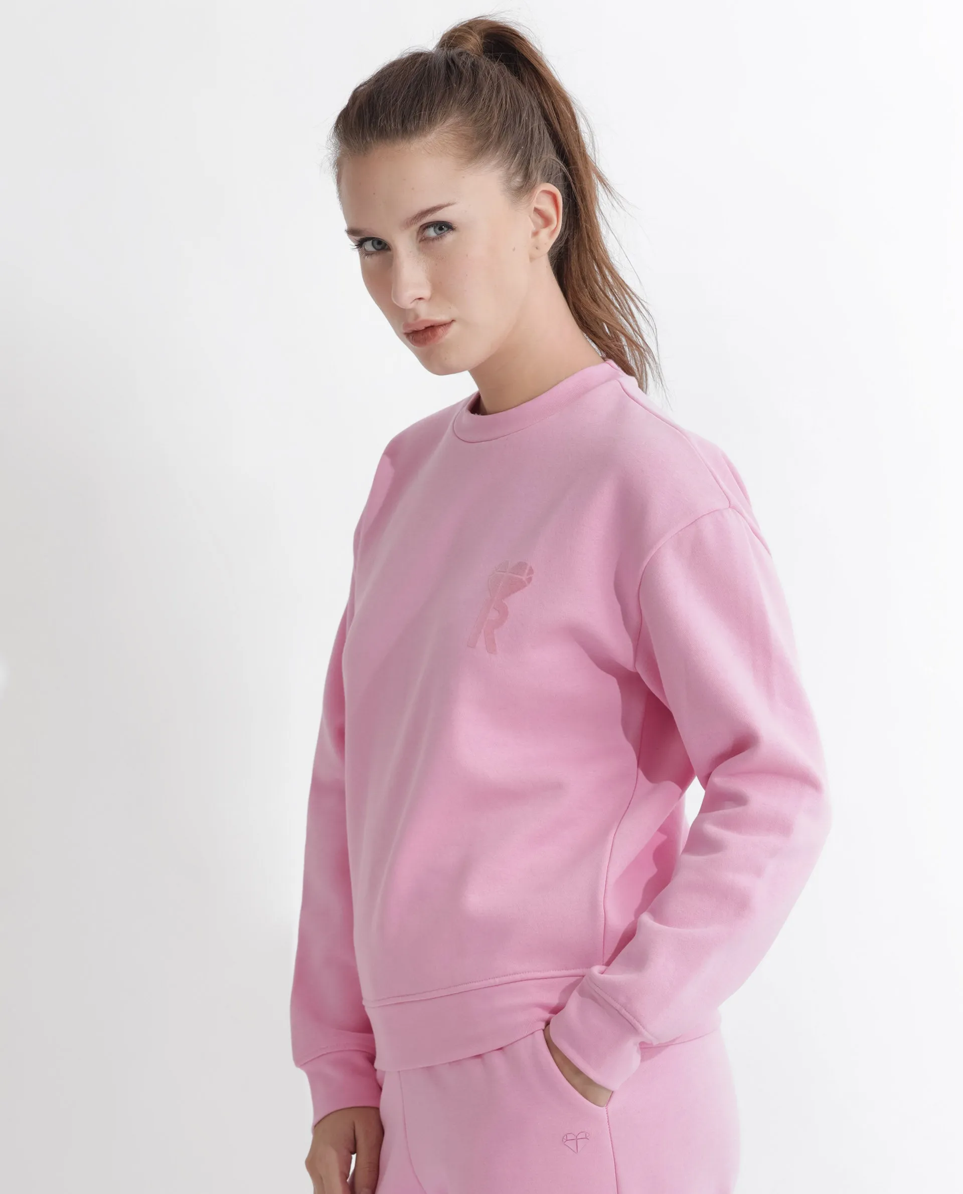 Rareism Articale Women Pelser Light Pink Poly Cotton Fabric Full Sleeves Cuffed Sleeve Ribbed Collar Relaxed Fit Plain Sweatshir