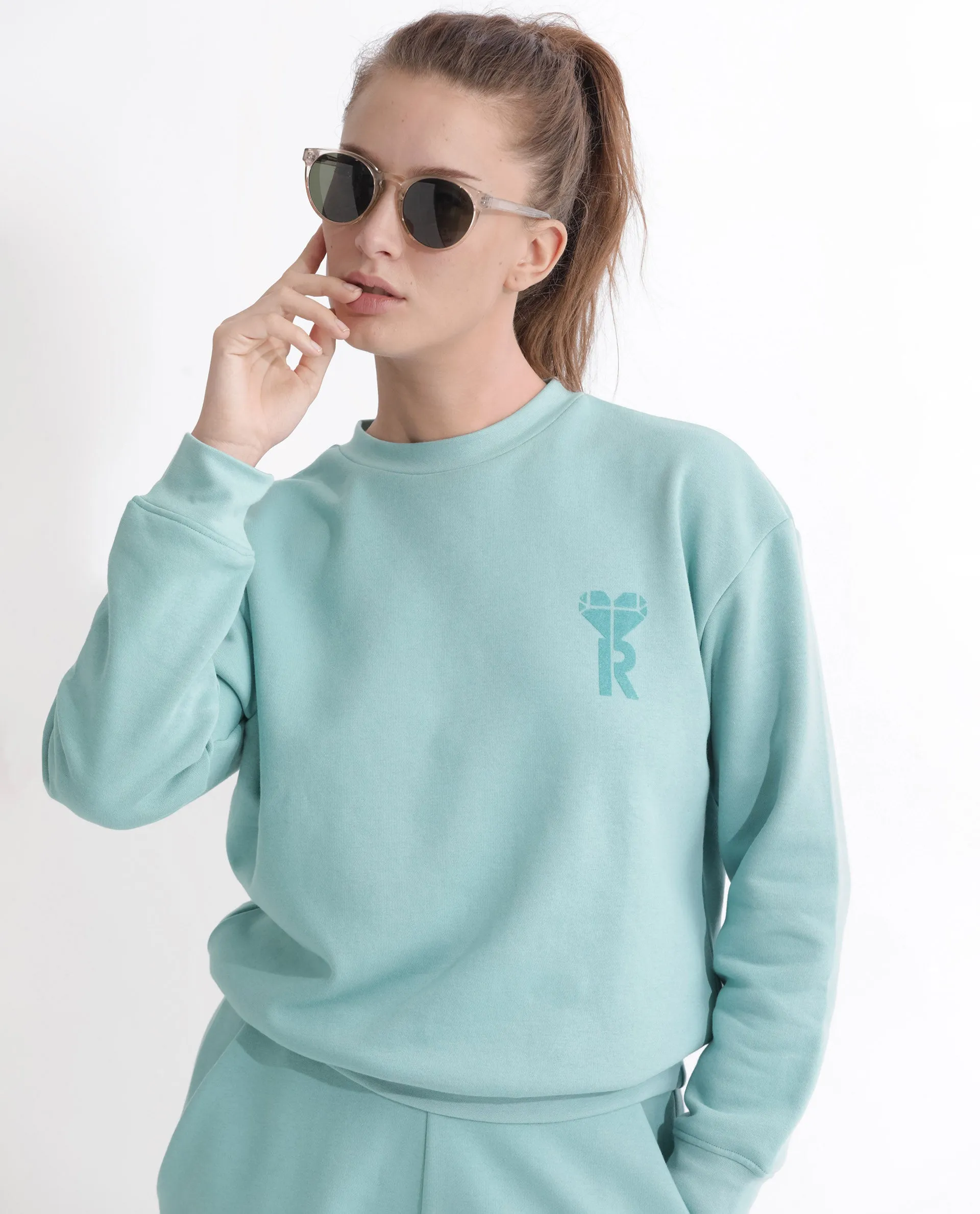 Rareism Articale Women Pelso Turq Poly Cotton Fabric Full Sleeves Cuffed Sleeve Ribbed Collar Relaxed Fit Plain Sweatshirt