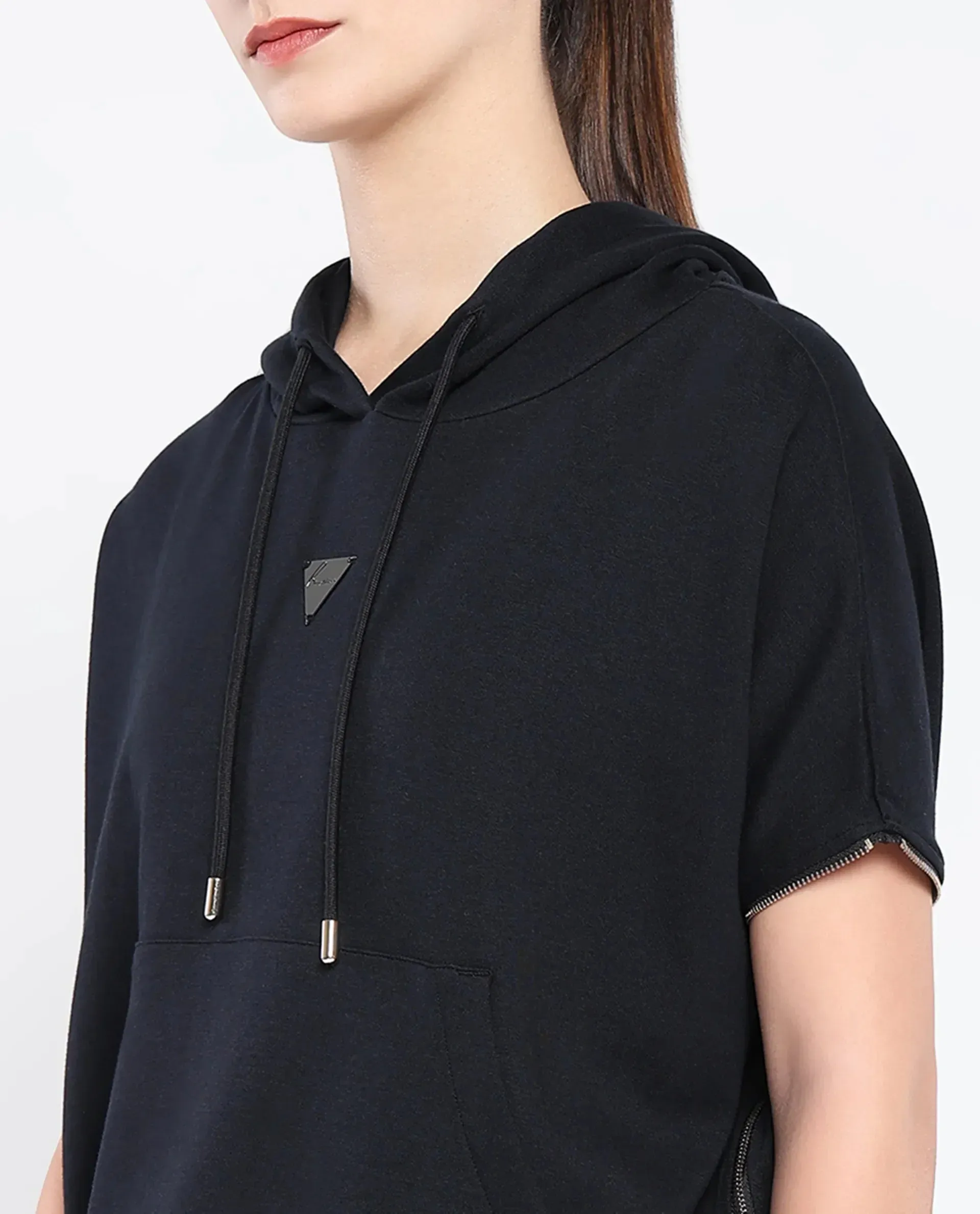 Rareism Women Matthew Black Cotton Blend Fabric Extended Sleeves Hooded Zipper Closure Relaxed Fit Plain Sweatshirt