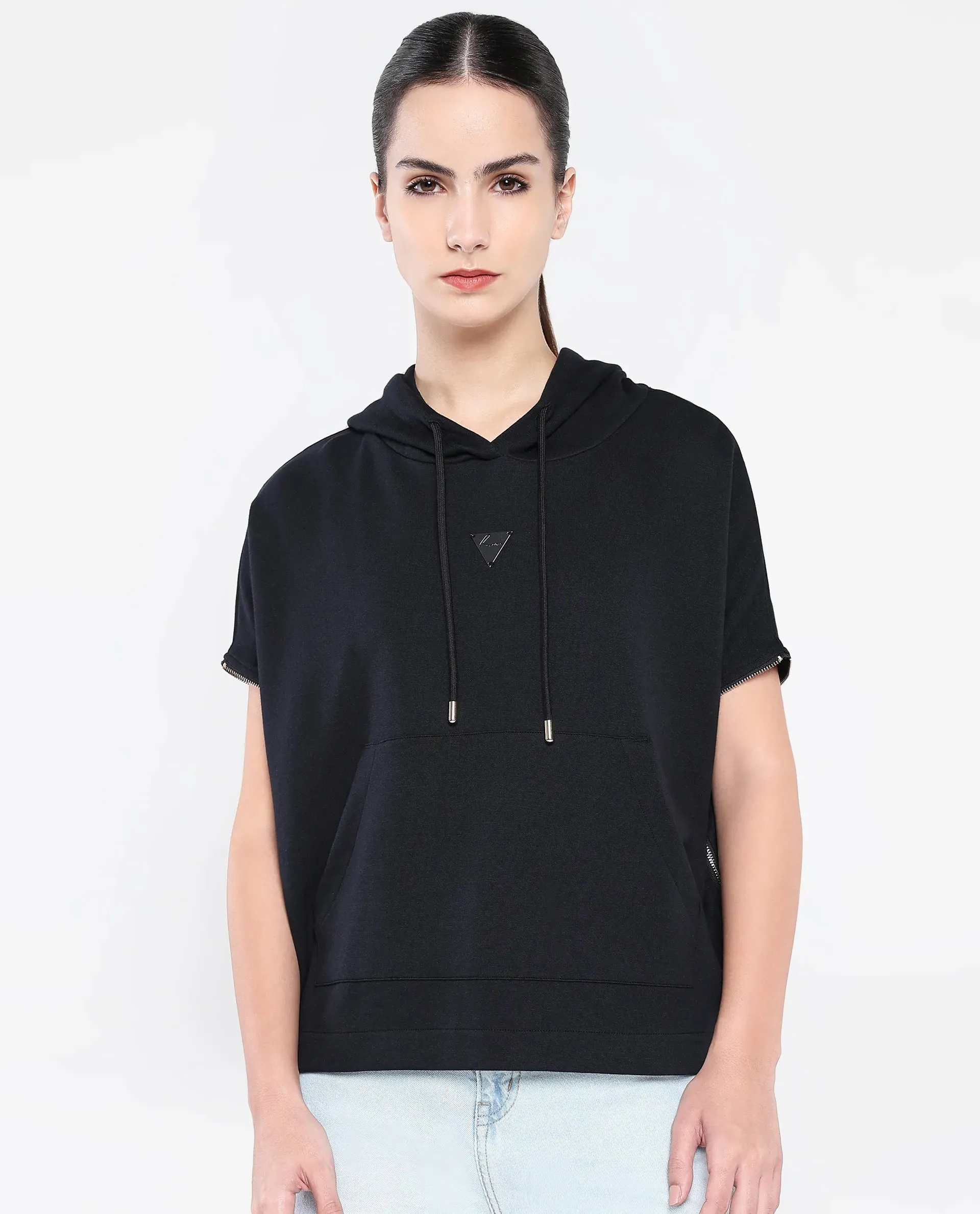 Rareism Women Matthew Black Cotton Blend Fabric Extended Sleeves Hooded Zipper Closure Relaxed Fit Plain Sweatshirt