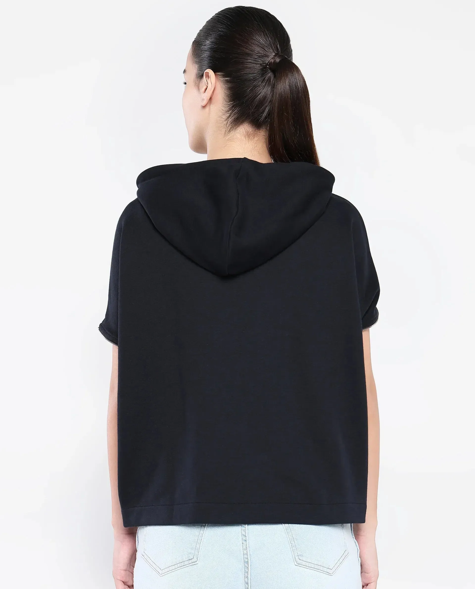 Rareism Women Matthew Black Cotton Blend Fabric Extended Sleeves Hooded Zipper Closure Relaxed Fit Plain Sweatshirt