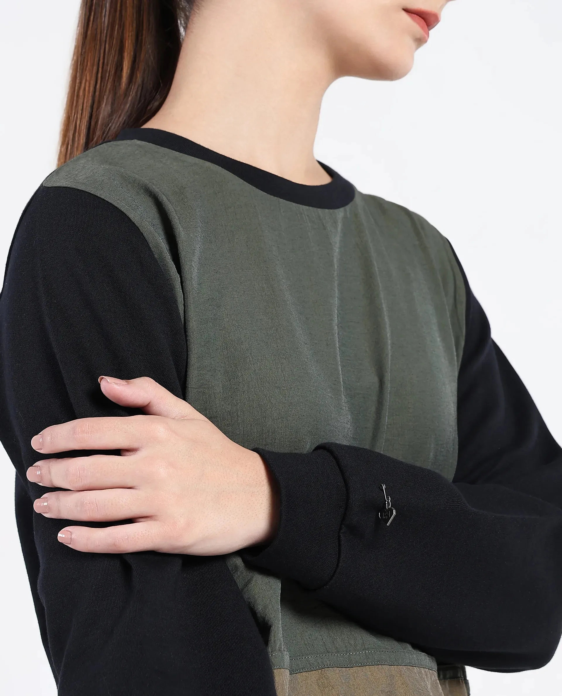 Rareism Women Melone Dark Olive Cotton Blend Fabric Full Sleeve Crew Neck Relaxed Fit Plain Sweatshirt