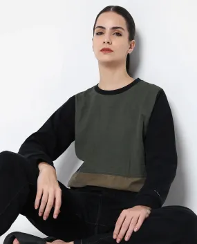 Rareism Women Melone Dark Olive Cotton Blend Fabric Full Sleeve Crew Neck Relaxed Fit Plain Sweatshirt