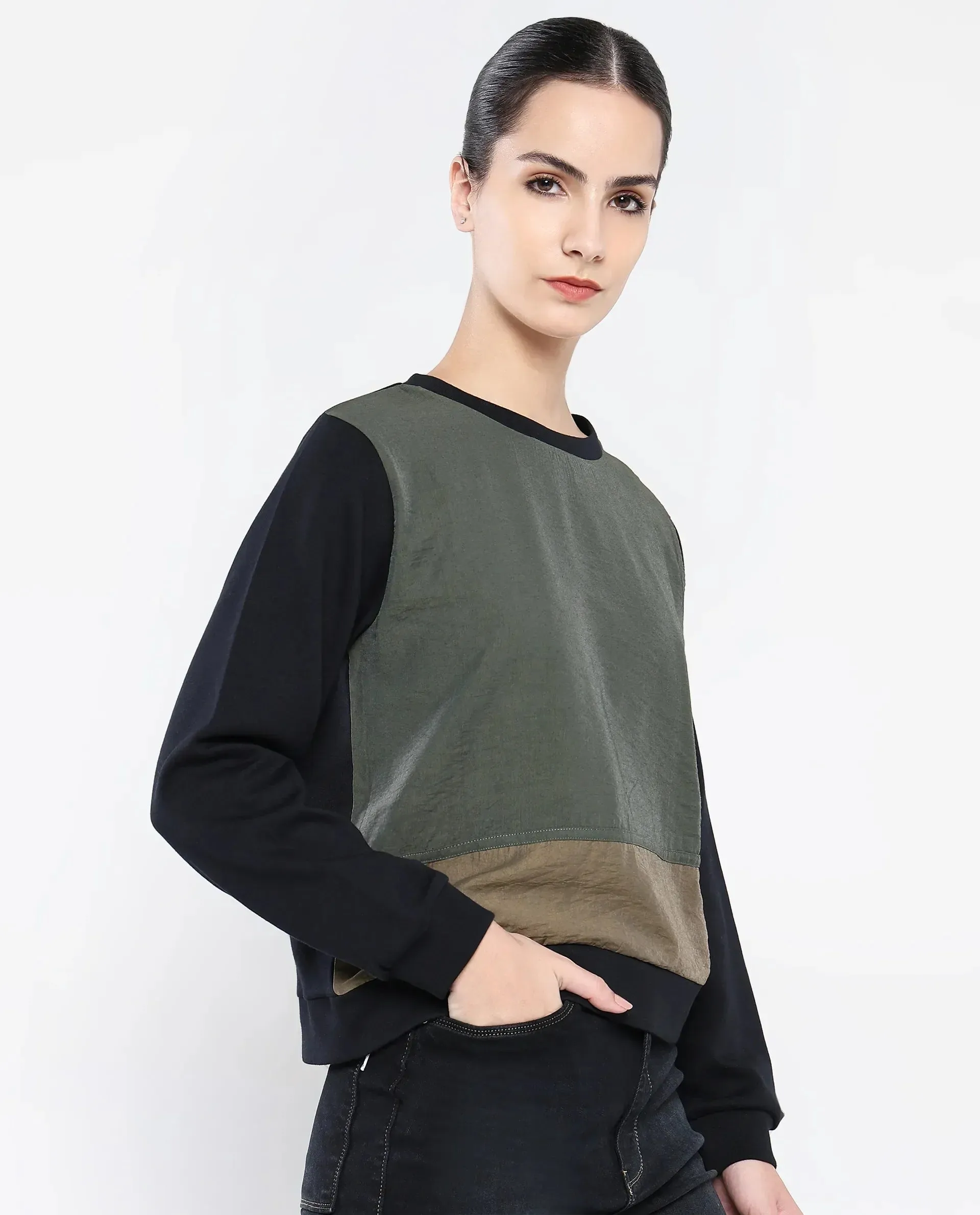 Rareism Women Melone Dark Olive Cotton Blend Fabric Full Sleeve Crew Neck Relaxed Fit Plain Sweatshirt