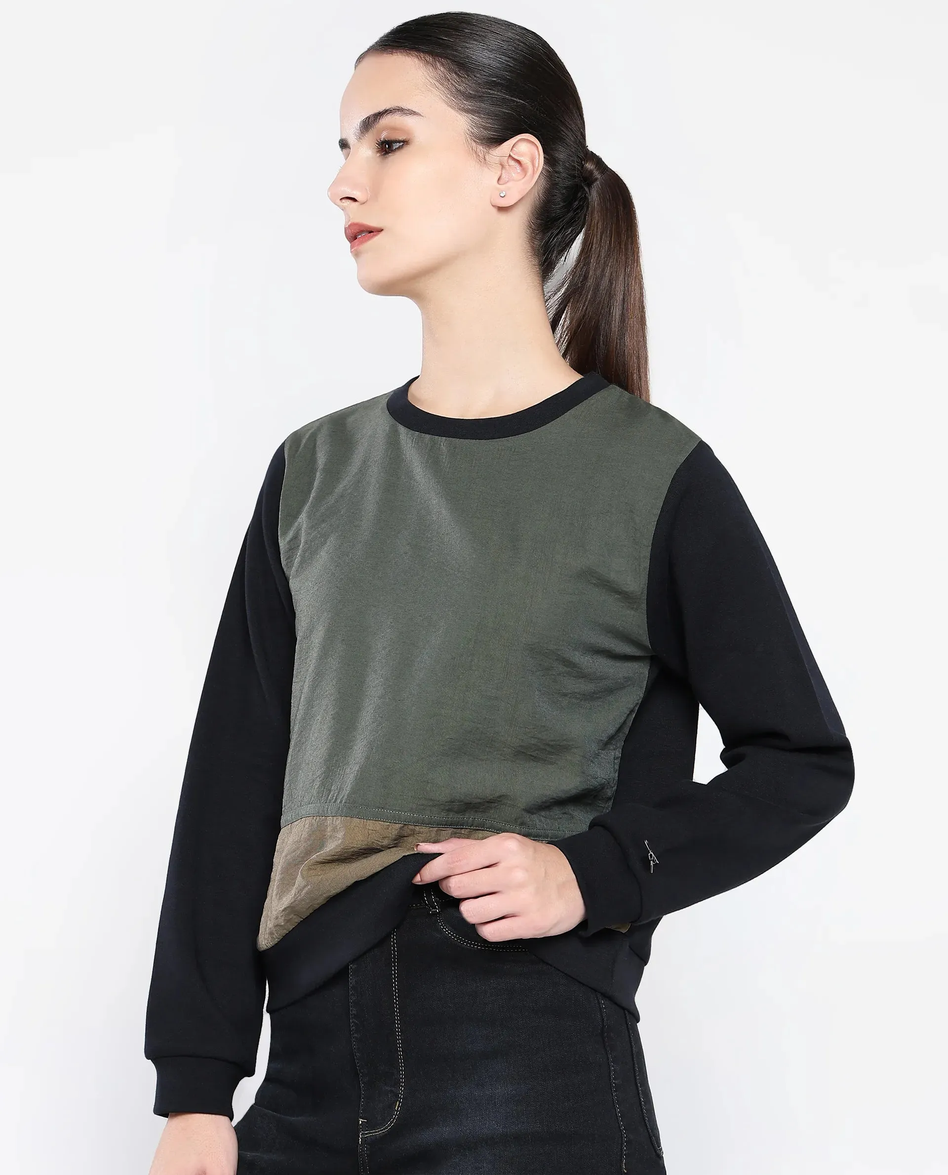 Rareism Women Melone Dark Olive Cotton Blend Fabric Full Sleeve Crew Neck Relaxed Fit Plain Sweatshirt