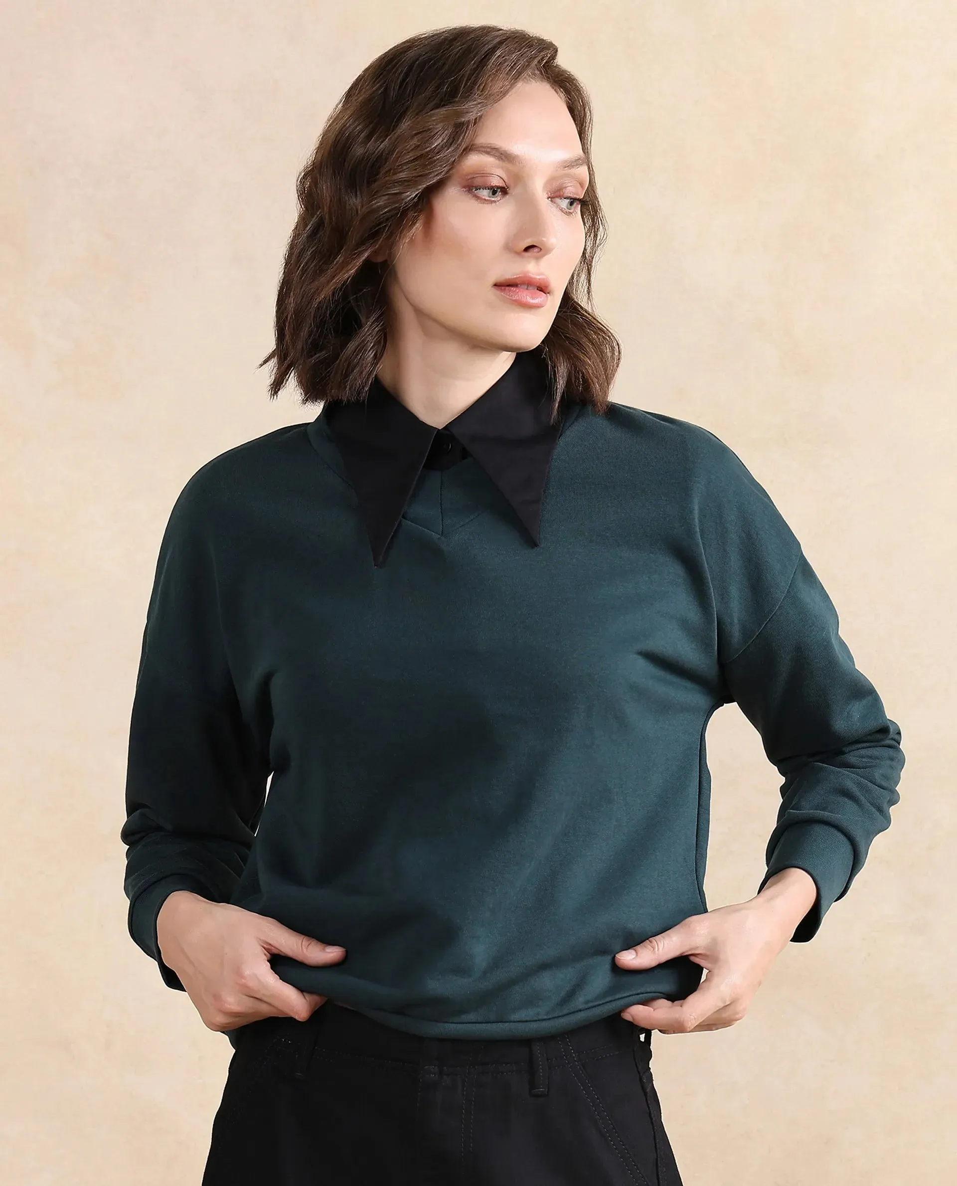 Rareism Women Vitoo Dark Green Cotton Blend Fabric Full Sleeve Crew Neck Relaxed Fit Plain Sweatshirt