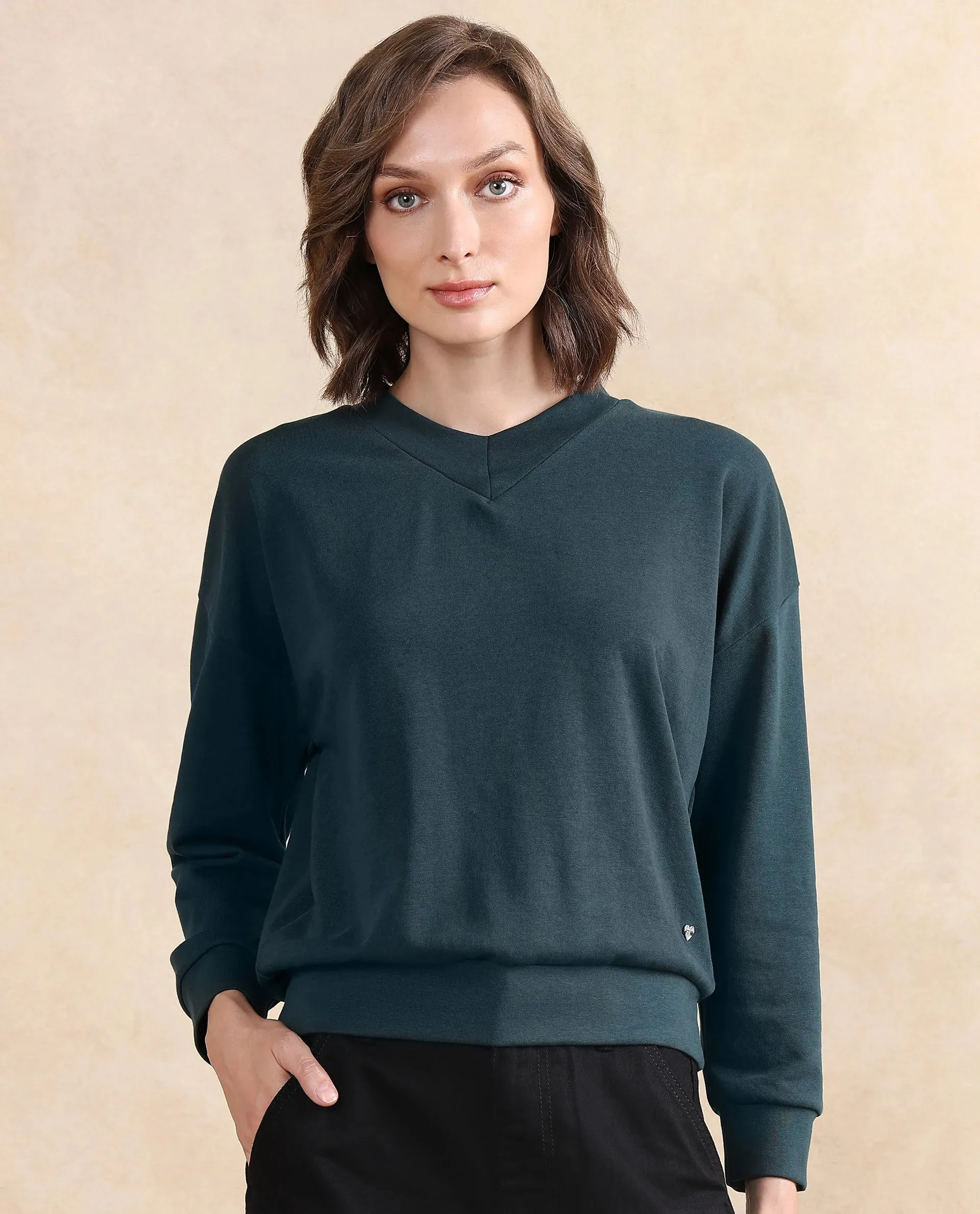 Rareism Women Vitoo Dark Green Cotton Blend Fabric Full Sleeve Crew Neck Relaxed Fit Plain Sweatshirt