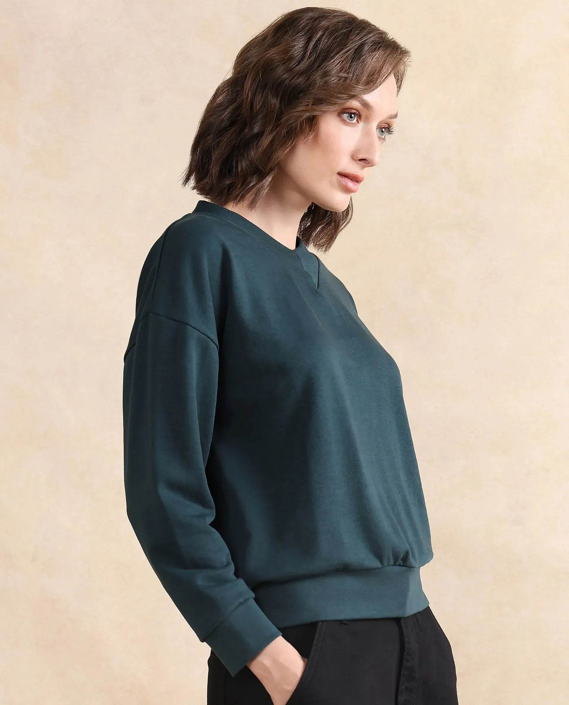 Rareism Women Vitoo Dark Green Cotton Blend Fabric Full Sleeve Crew Neck Relaxed Fit Plain Sweatshirt