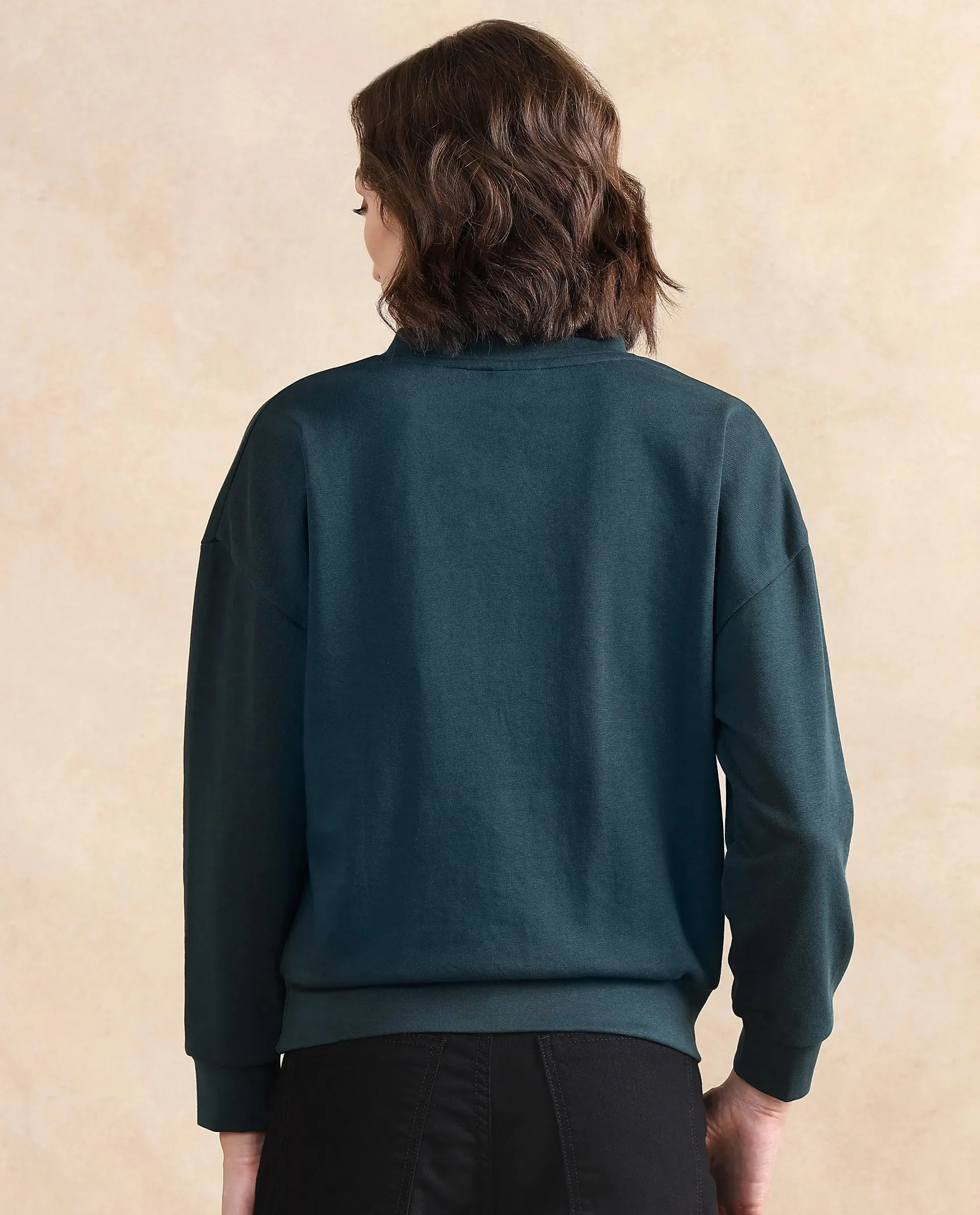 Rareism Women Vitoo Dark Green Cotton Blend Fabric Full Sleeve Crew Neck Relaxed Fit Plain Sweatshirt