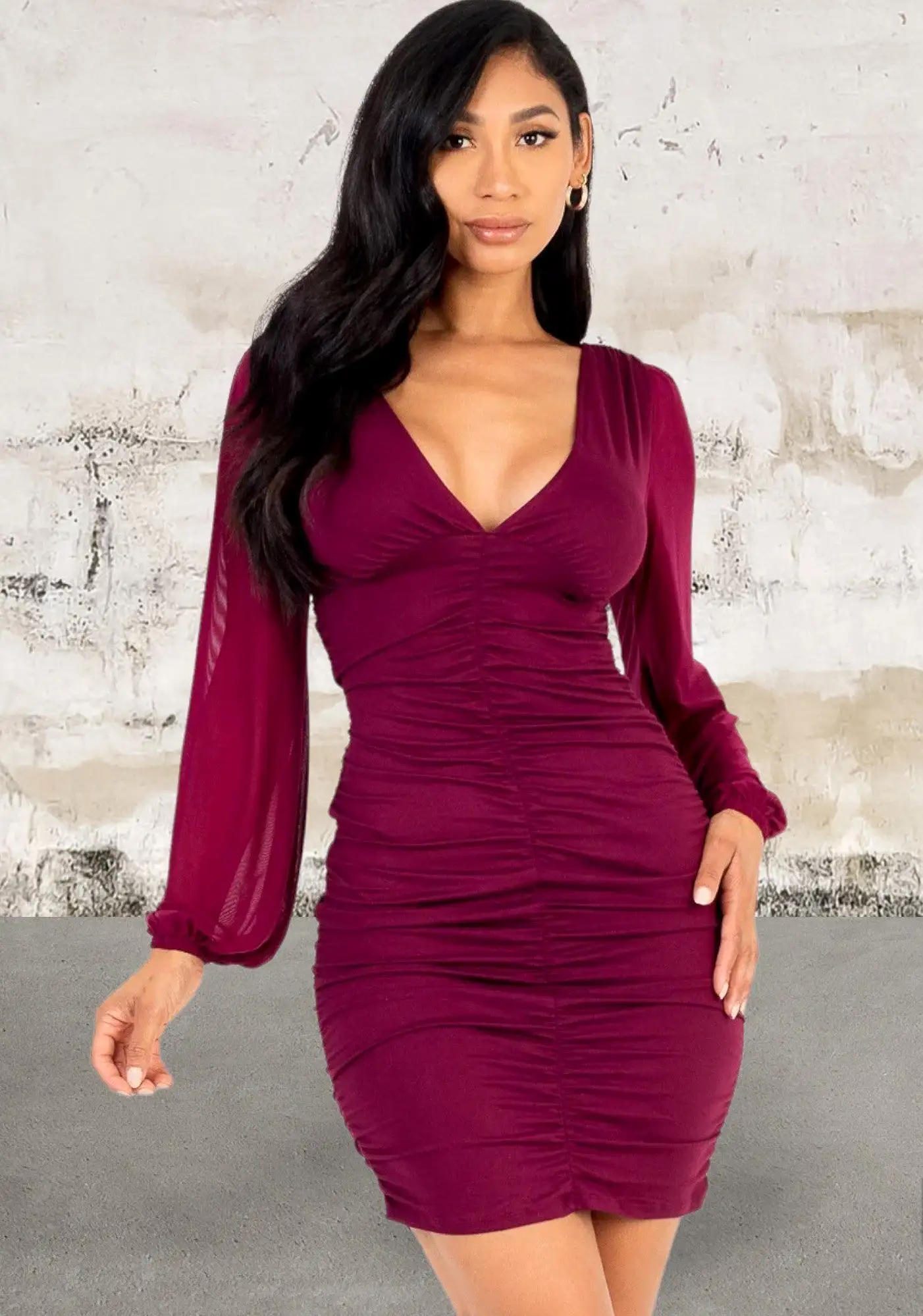 Ruched mesh long sleeve v-neck mini dress