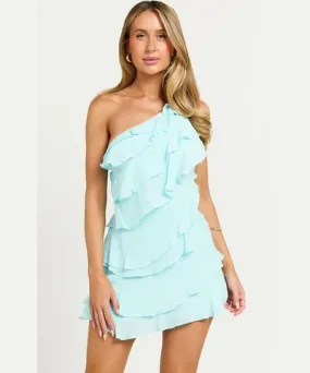 Showpo Cerin Mini Dress - Tiered Ruffle Dress in Blue