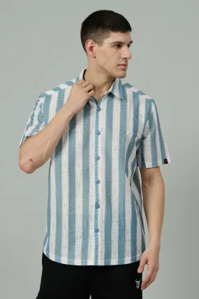 Sky Blue & White Multi Striped Casual Shirt for Men