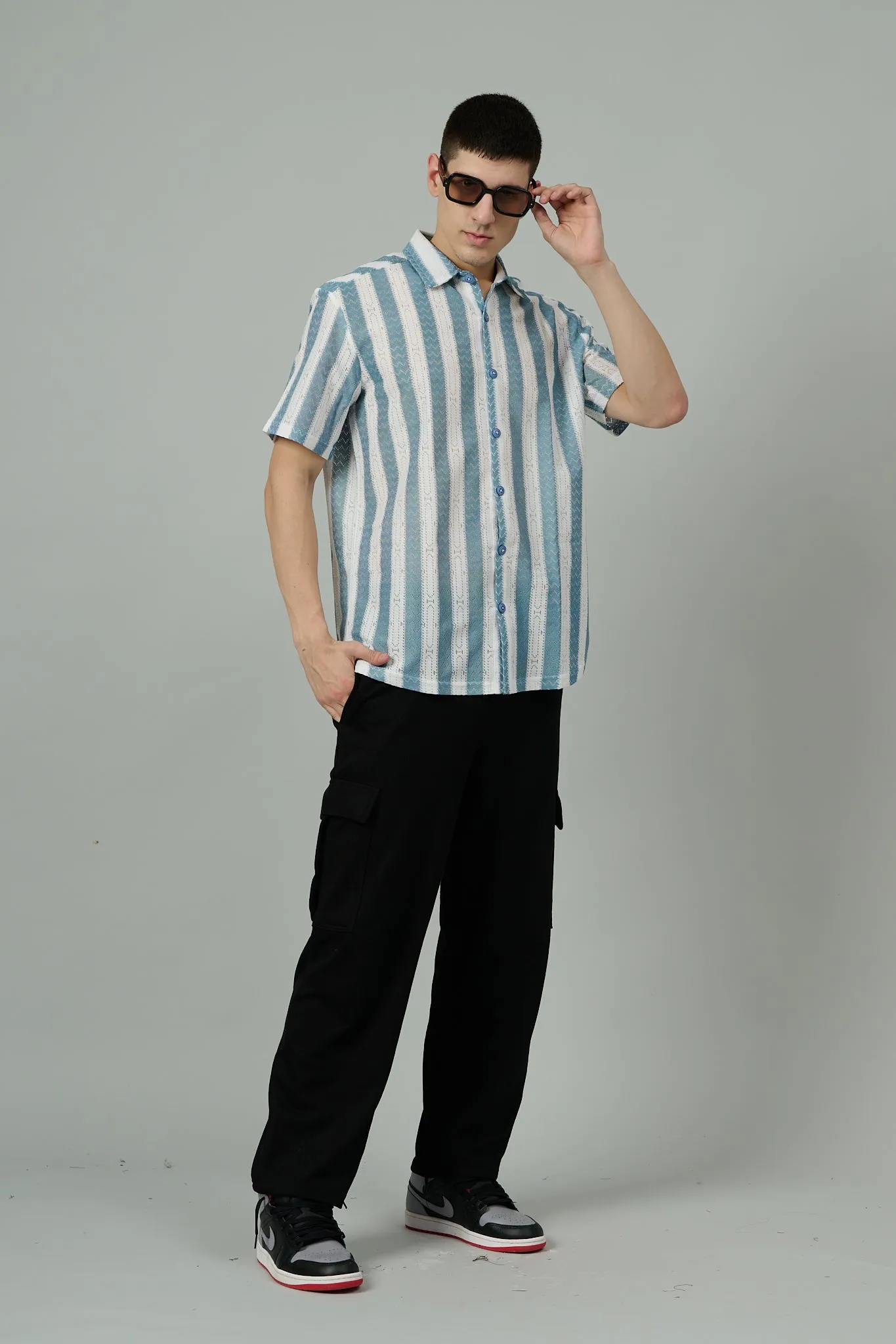 Sky Blue & White Multi Striped Casual Shirt for Men