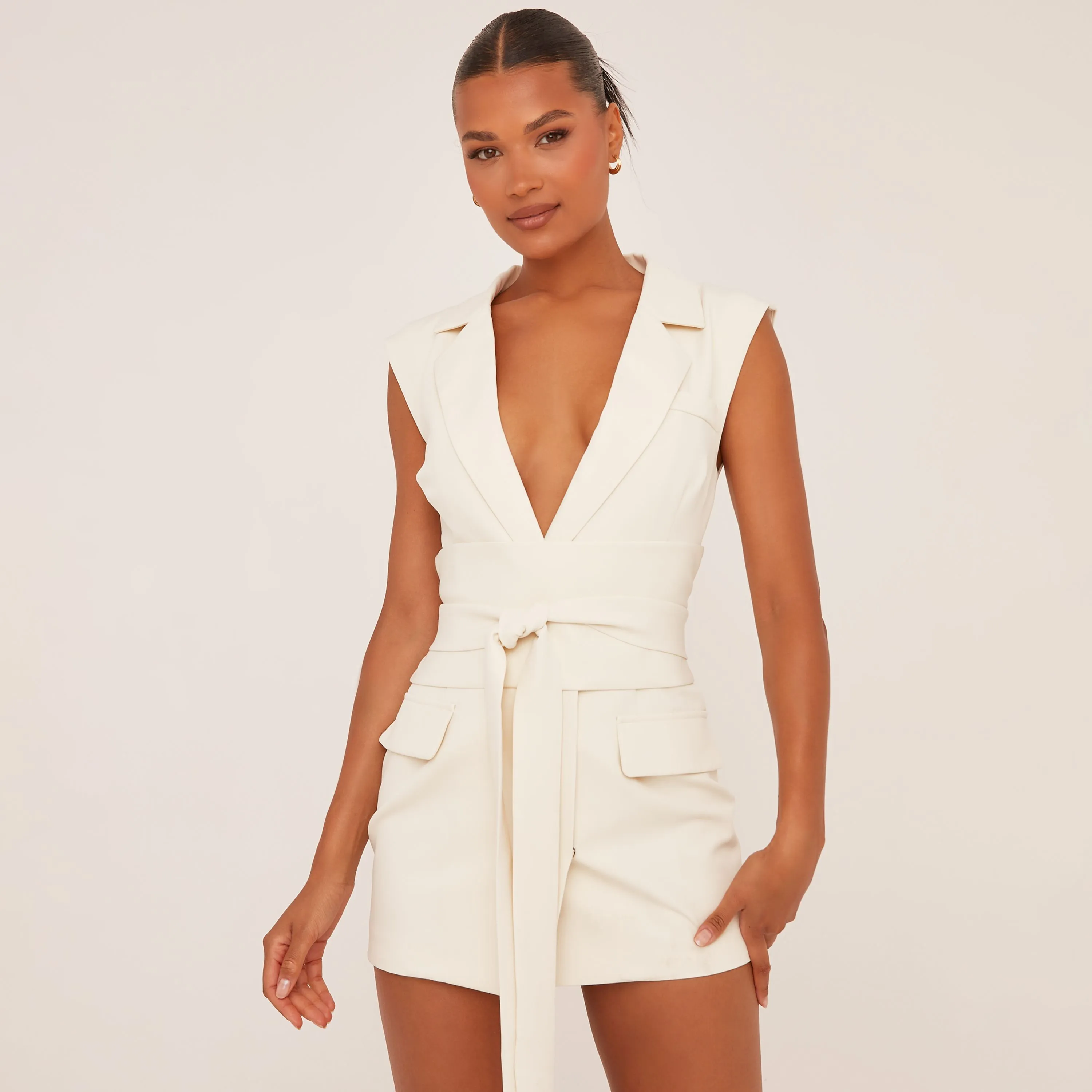 Sleeveless Belted Waist Tailored Mini Dress In Cream Woven