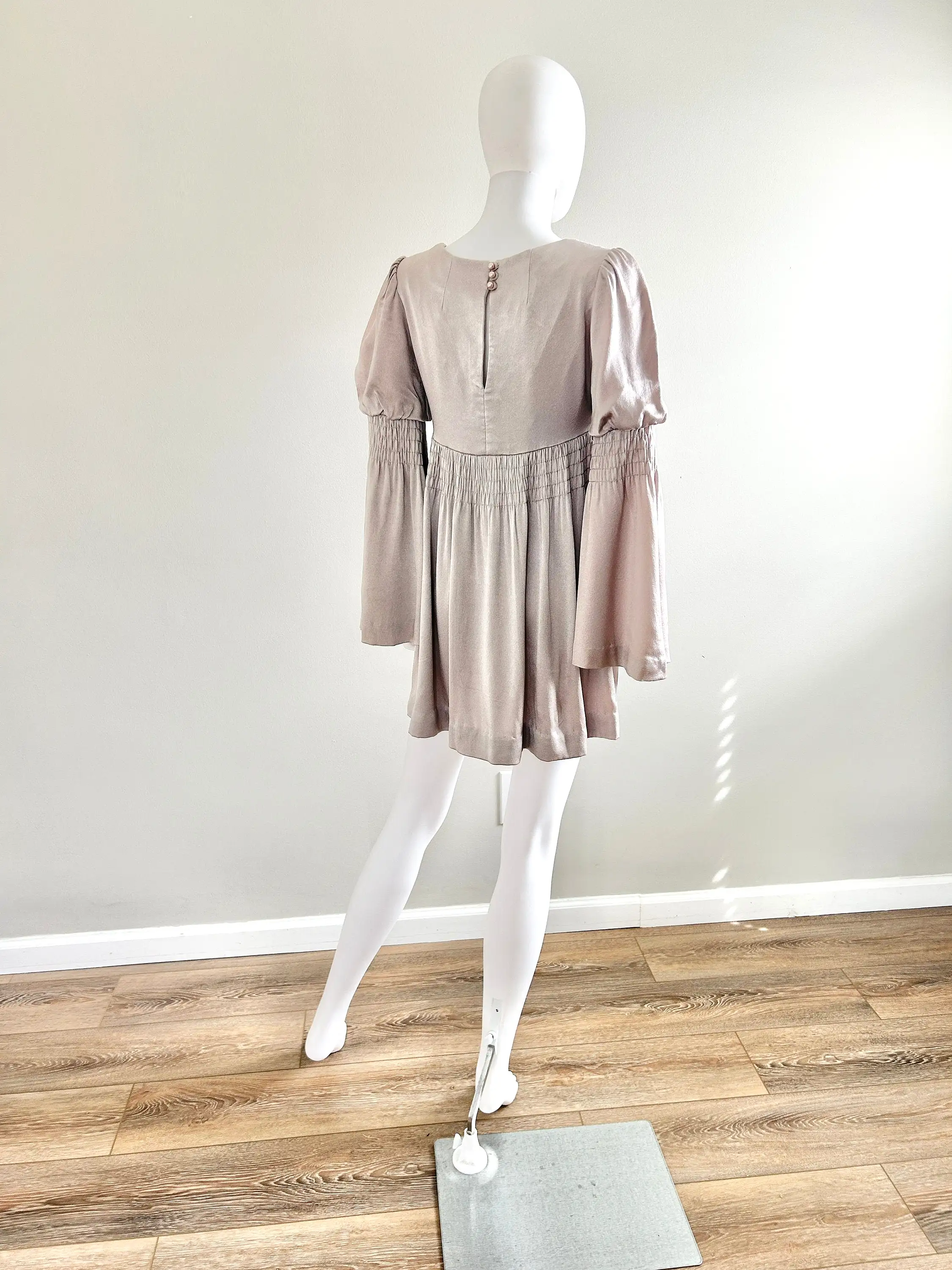 Vintage 1970s Young Edwardian Silver Mini Dress / 70s babydoll dress / Size XS S