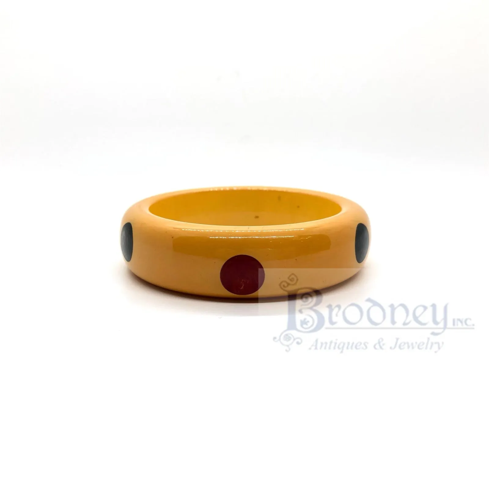 Vintage Butterscotch Bakelite Bangle Bracelet with Black and Cherry Dots