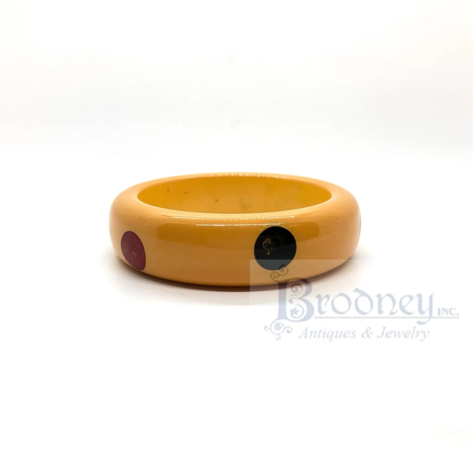 Vintage Butterscotch Bakelite Bangle Bracelet with Black and Cherry Dots