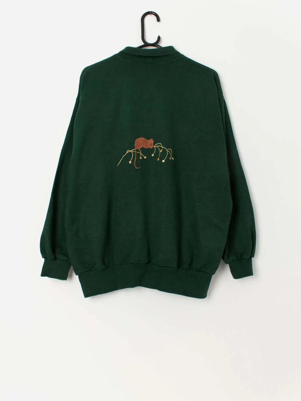 Vintage forest green collared sweatshirt with embroidered field mouse and flowers – Large / XL