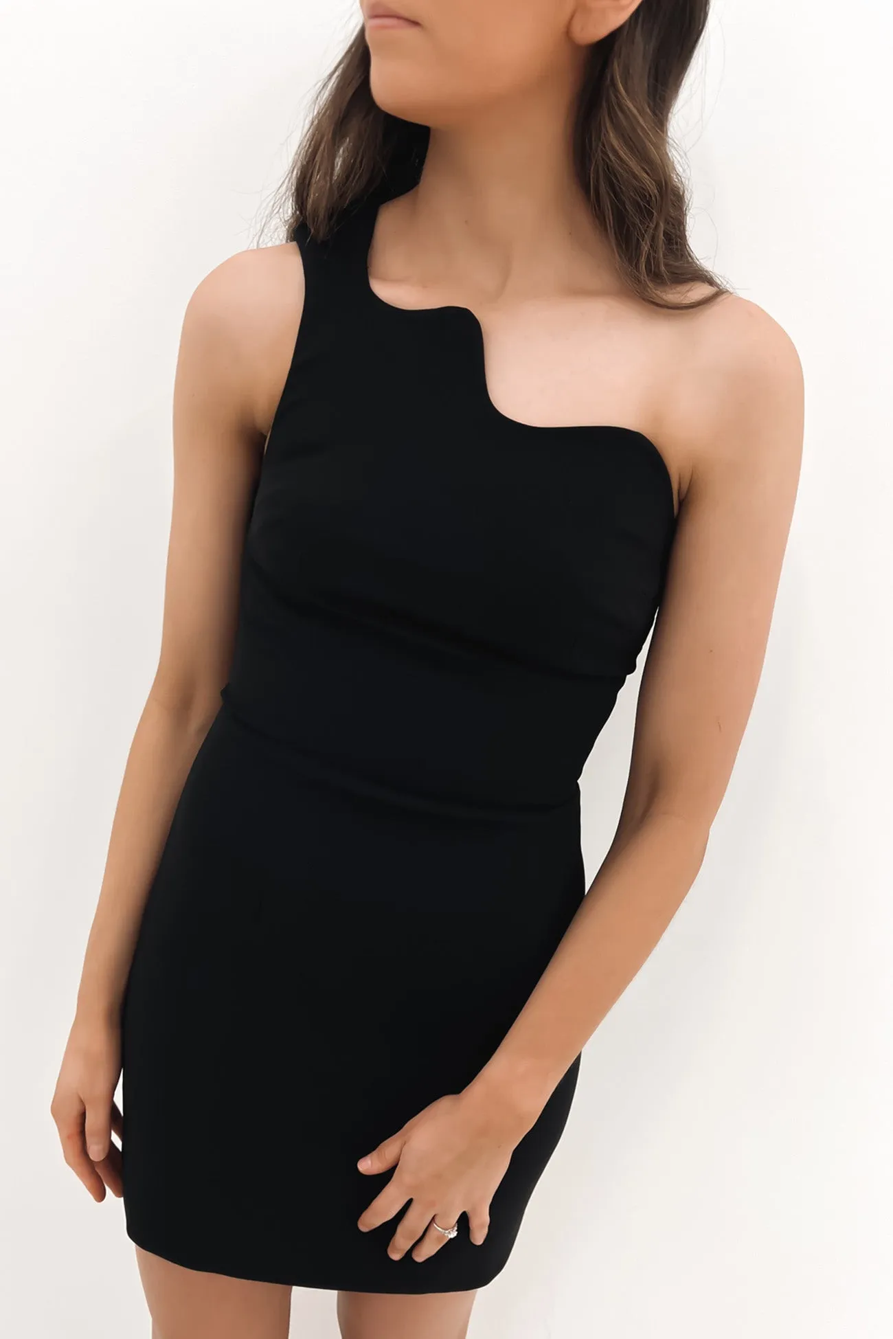 Wave One Shoulder Mini Dress Black