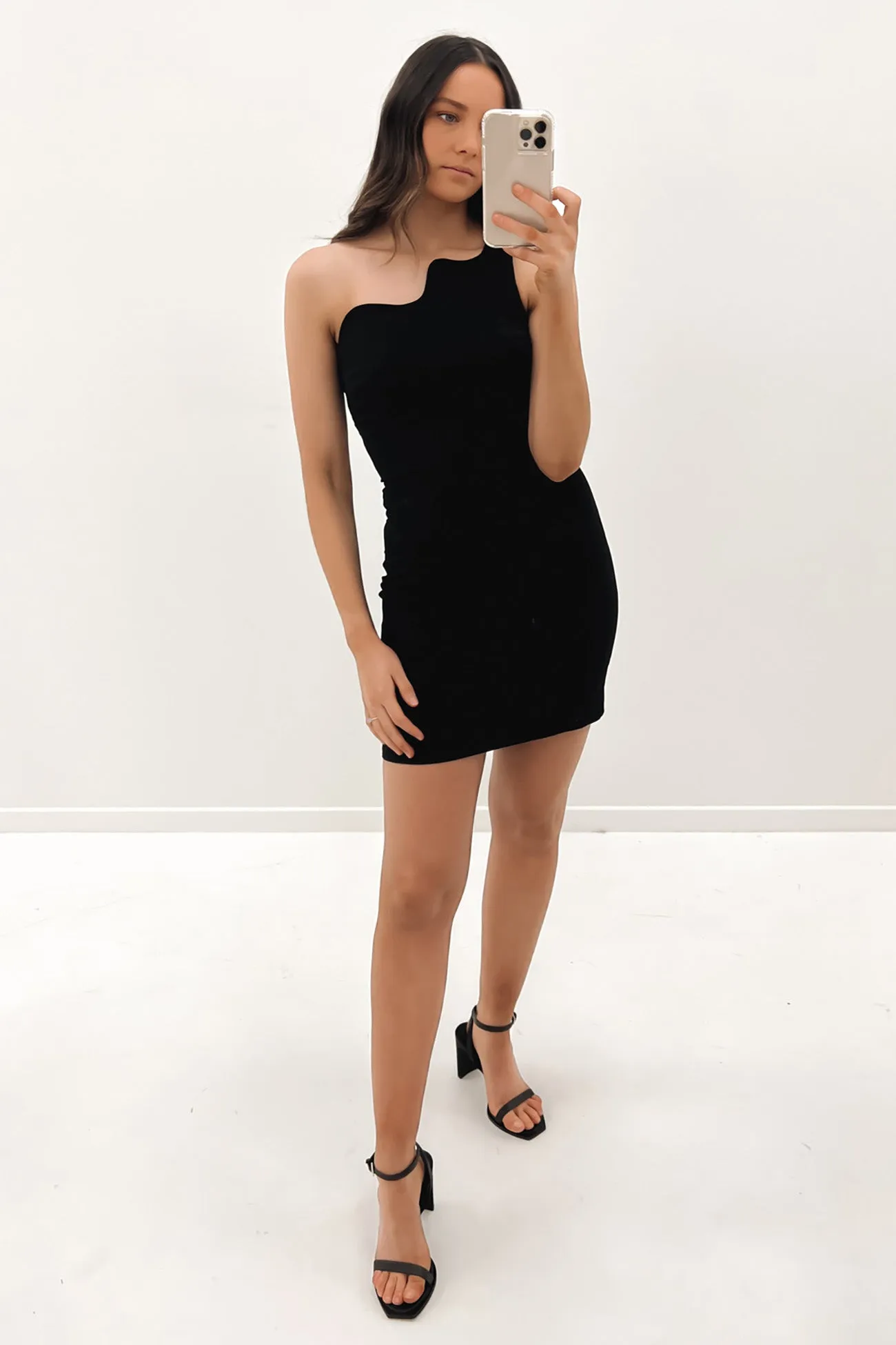 Wave One Shoulder Mini Dress Black