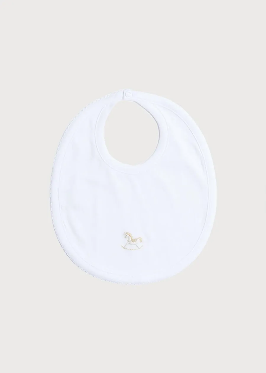 White Bib with Beige Embroidered Rocking Horse