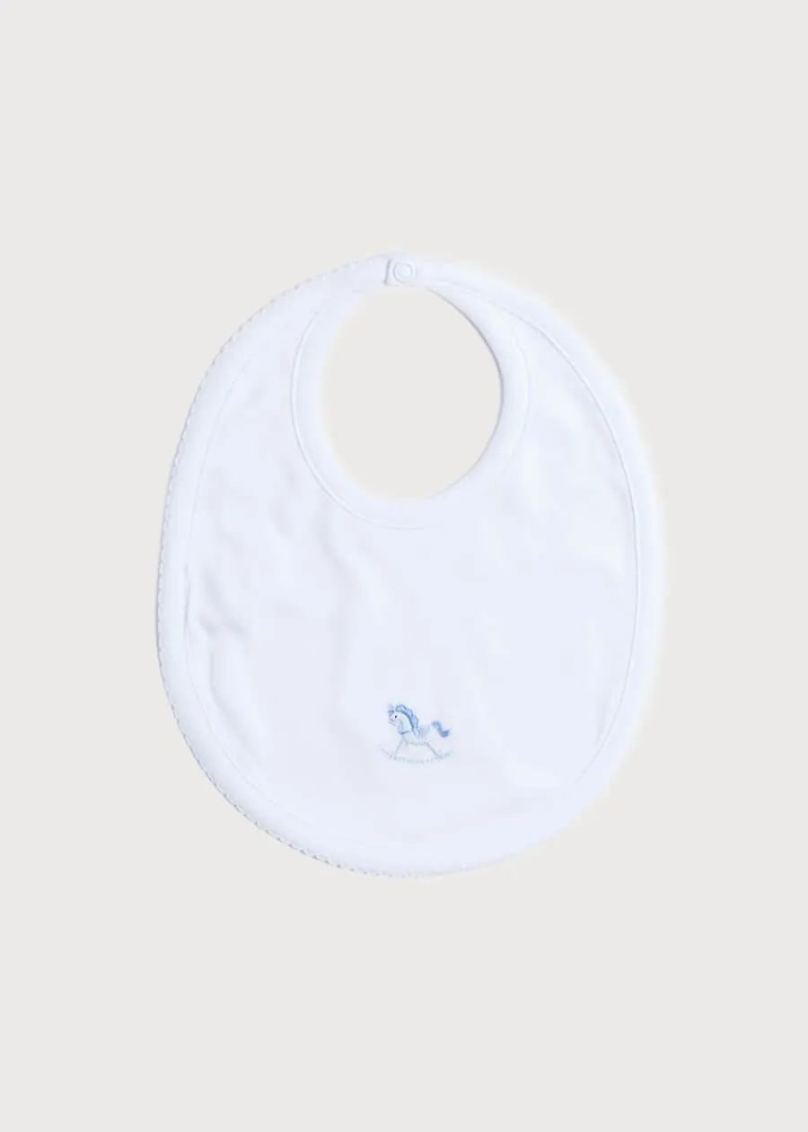 White Bib with Blue Embroidered Rocking Horse