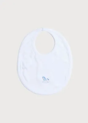 White Bib with Blue Embroidered Rocking Horse