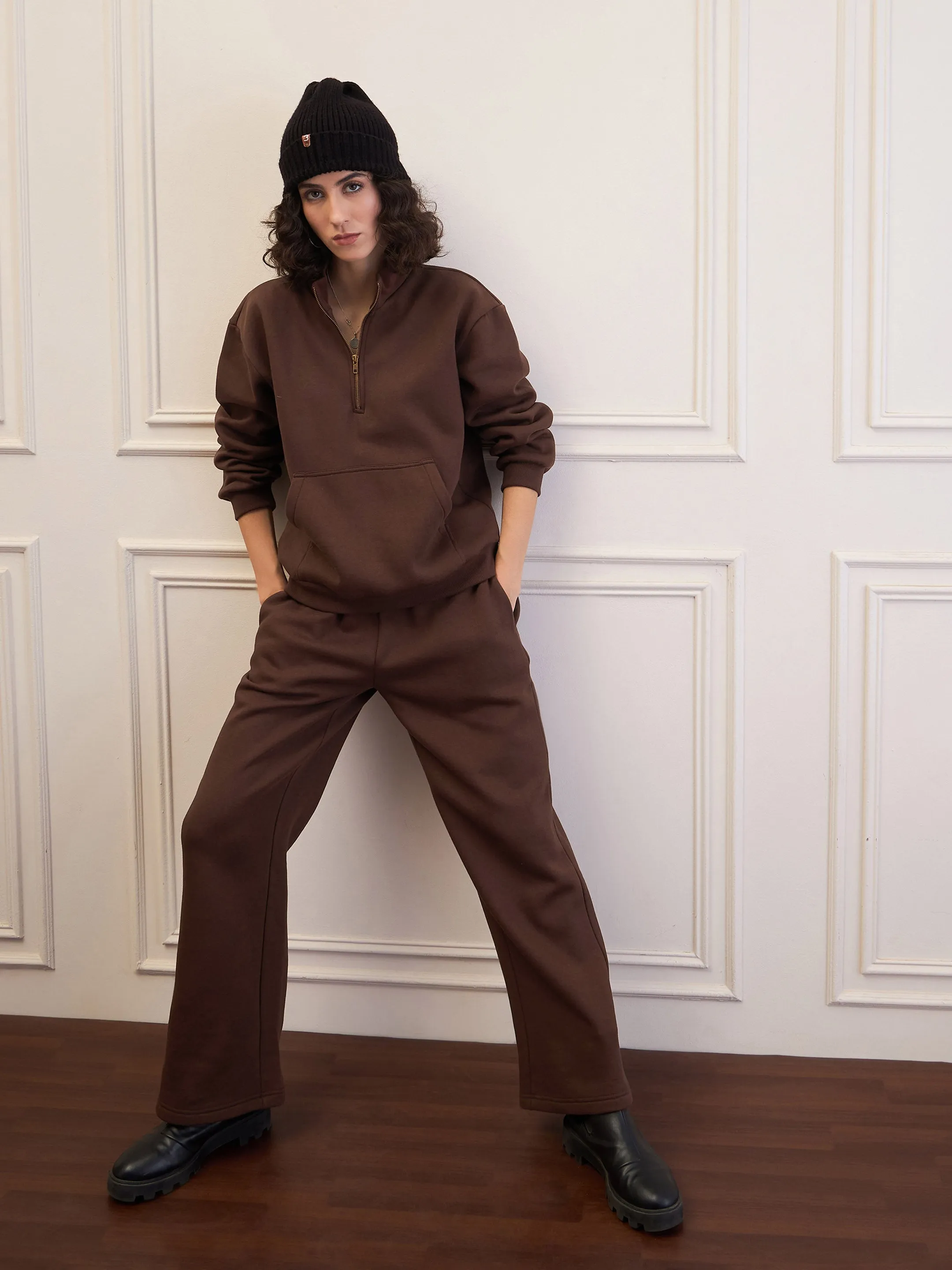 Women Dark Brown Fleece Sweatpants