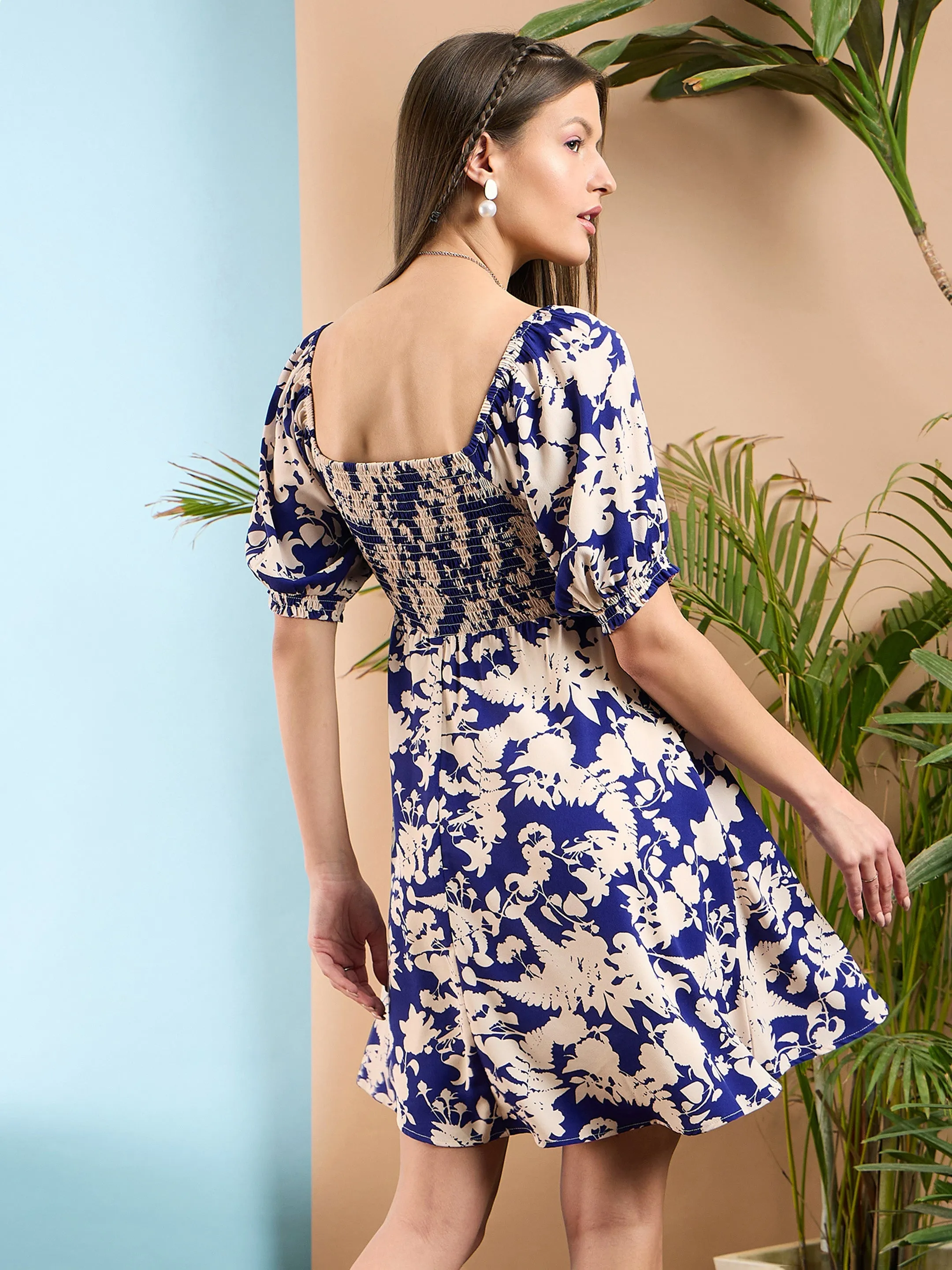 Women Royal Blue Floral Smoked Mini Dress