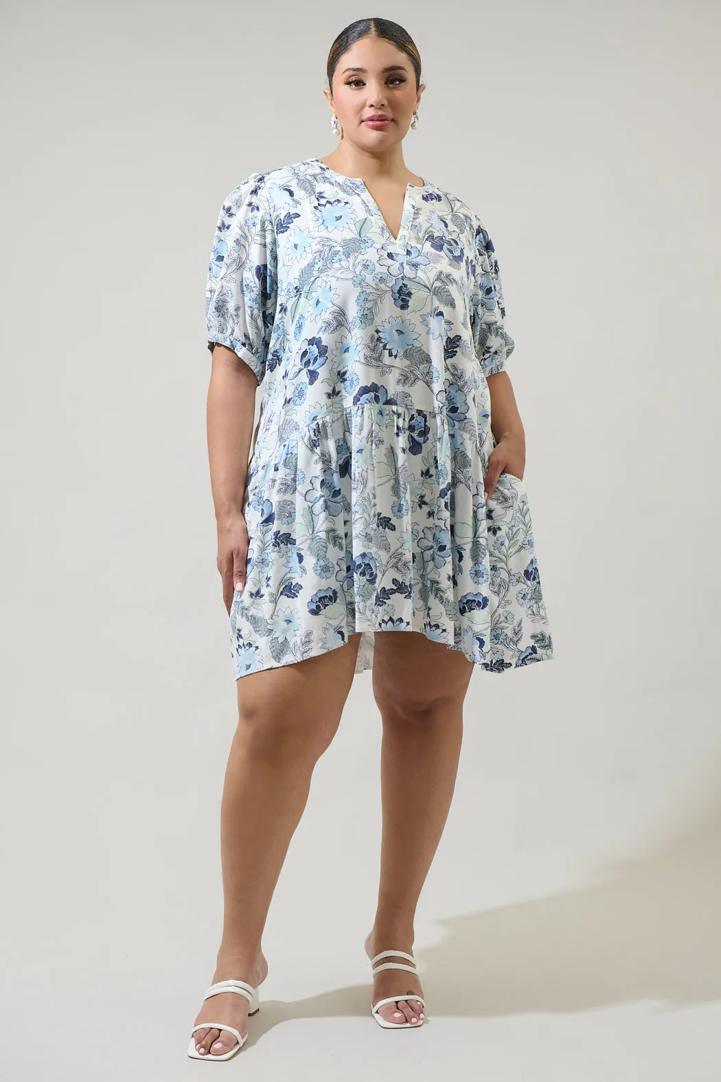 Wrenley Garden Floral Hinley Split Neck Mini Dress Curve